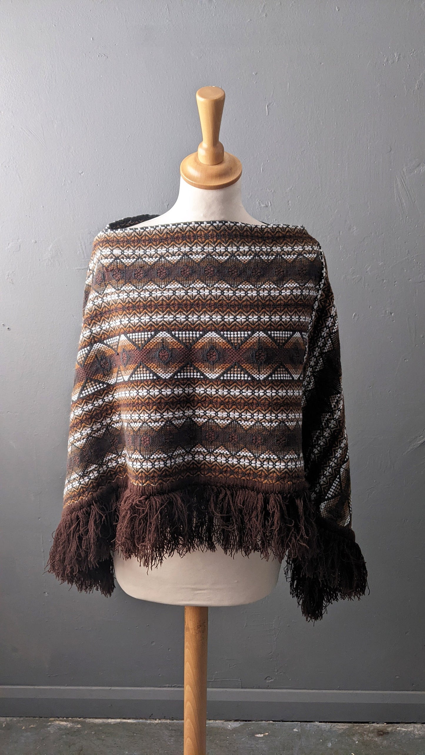 Vintage Guatemalan Poncho with Fringe, 70s Ethnic Boho, One Size