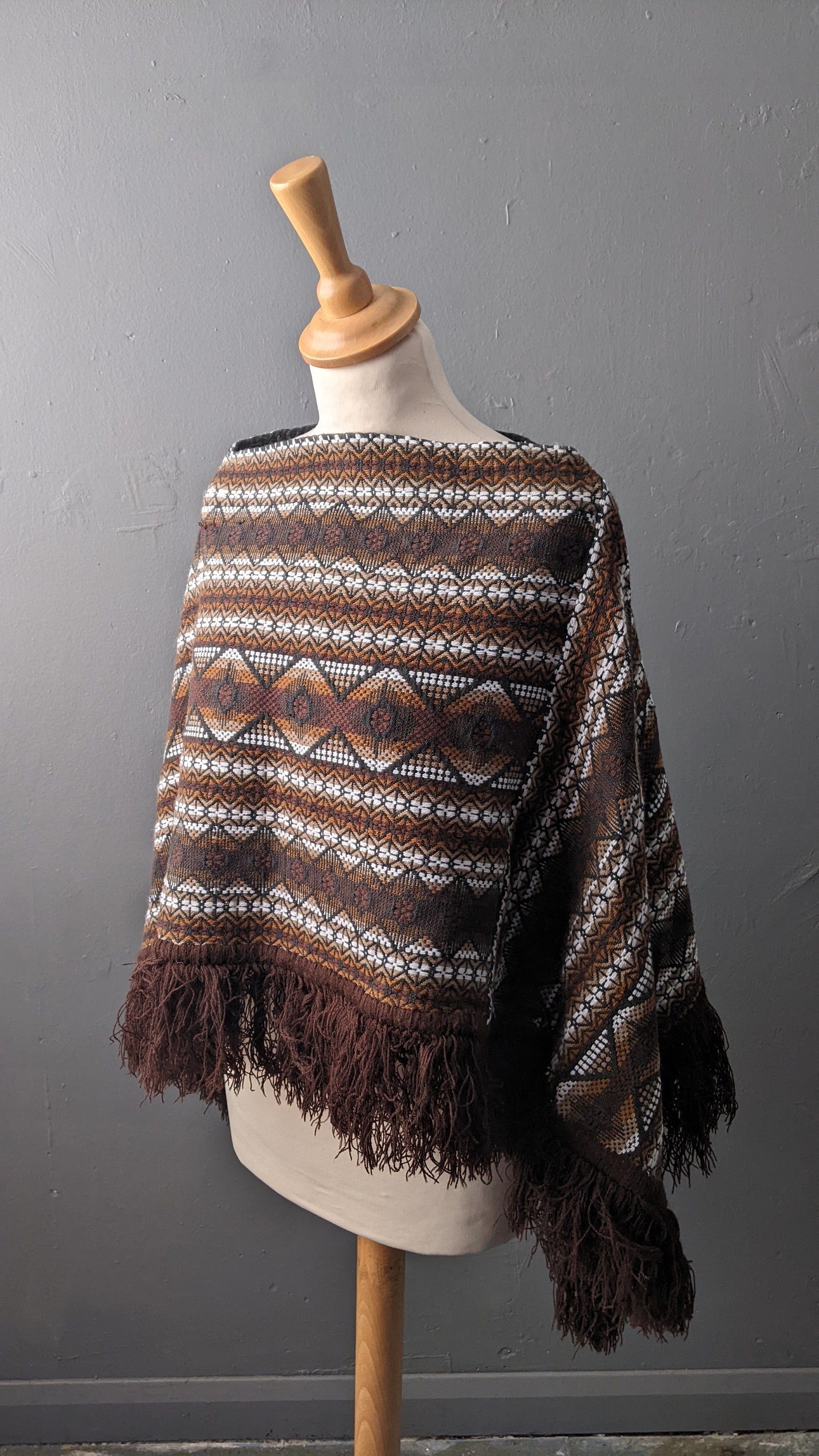 Vintage Guatemalan Poncho with Fringe, 70s Ethnic Boho, One Size