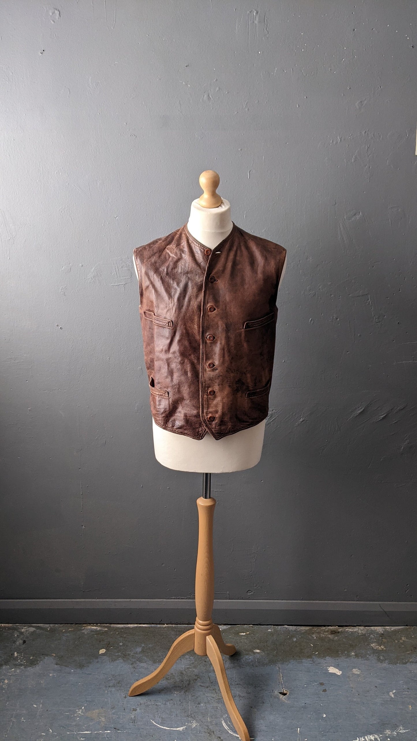 1940s Mens Leather Waistcoat, Vintage WWII Workwear, 40 Chest Size Medium