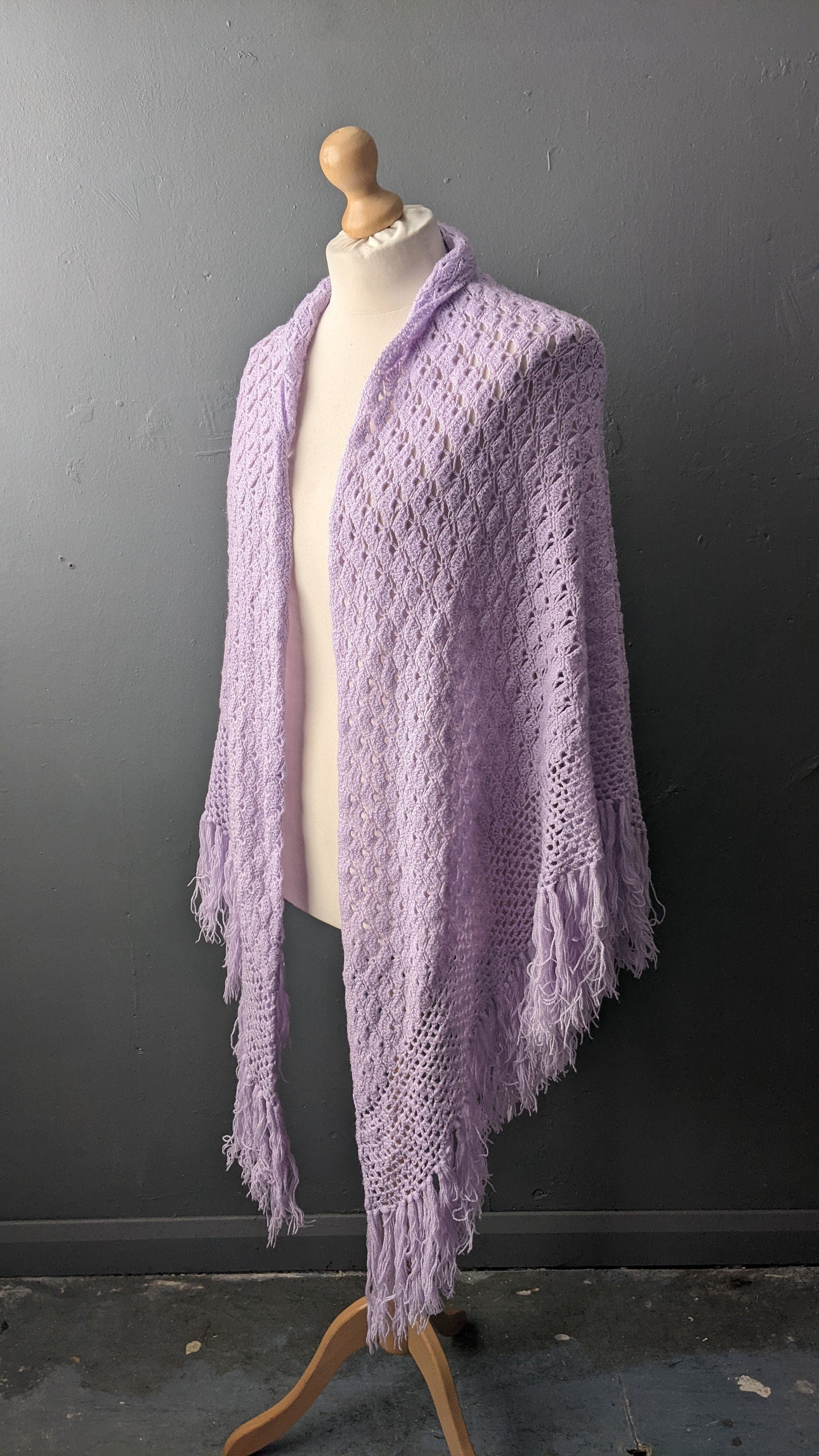 70s Lilac Crochet Shawl, Large Pastel Colour Triangle Wrap