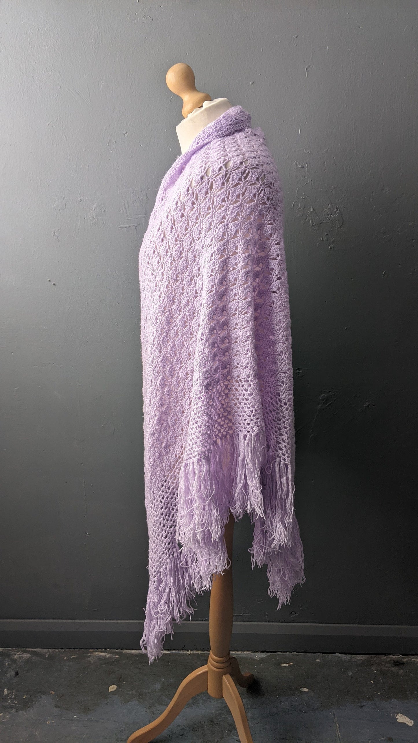 70s Lilac Crochet Shawl, Large Pastel Colour Triangle Wrap