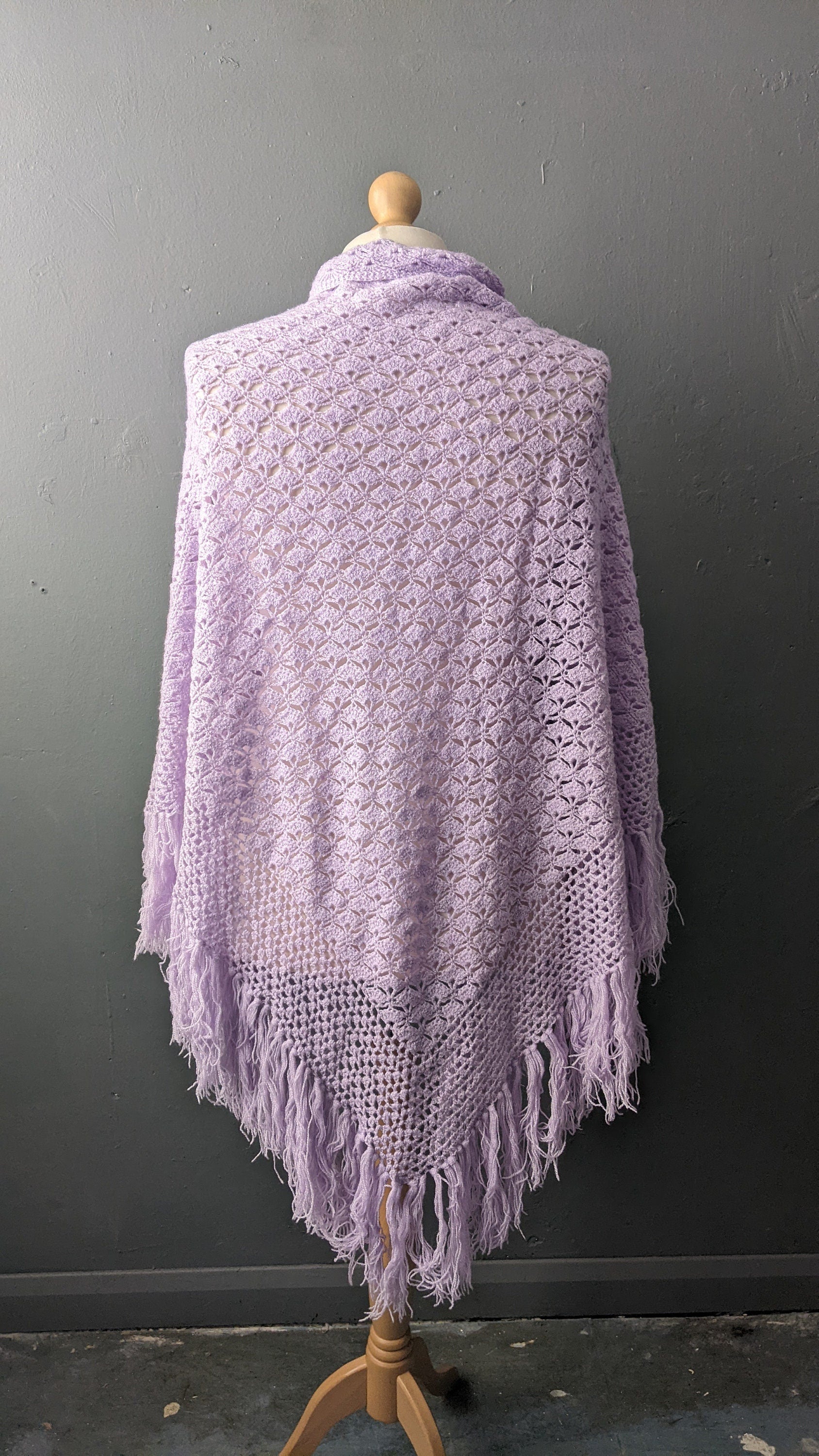 70s Lilac Crochet Shawl, Large Pastel Colour Triangle Wrap