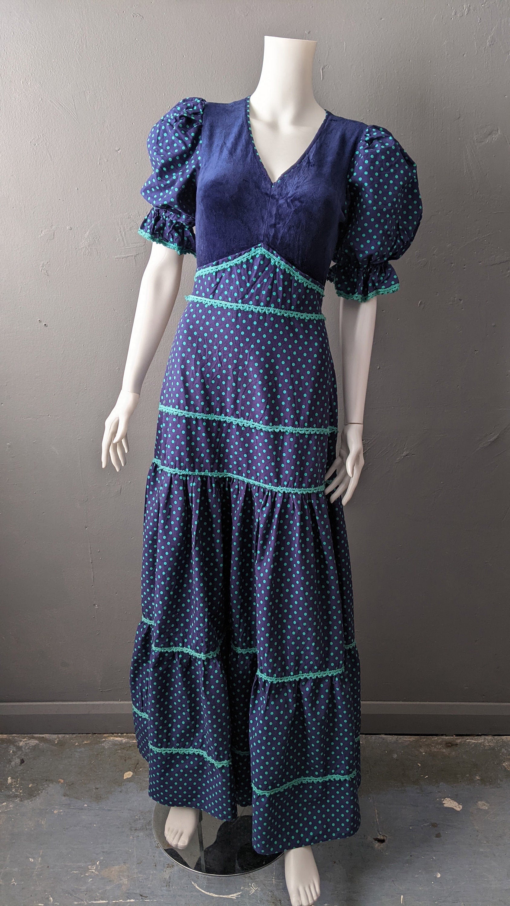 70s Polka Dot Maxi Dress by C&A, Victoriana Prairie Style with Puff Sleeves, Size Small