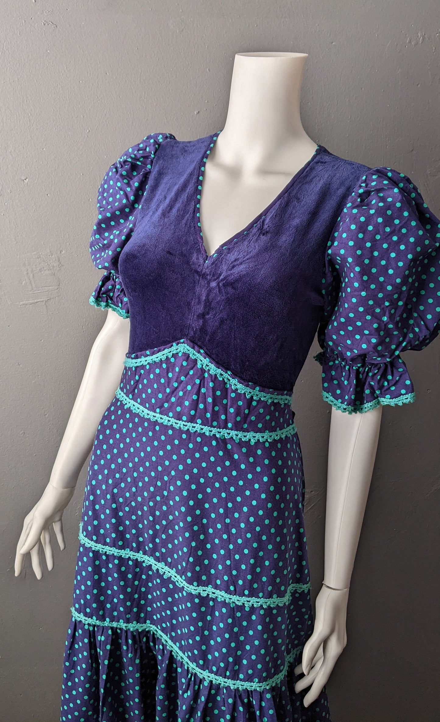 70s Polka Dot Maxi Dress by C&A, Victoriana Prairie Style with Puff Sleeves, Size Small