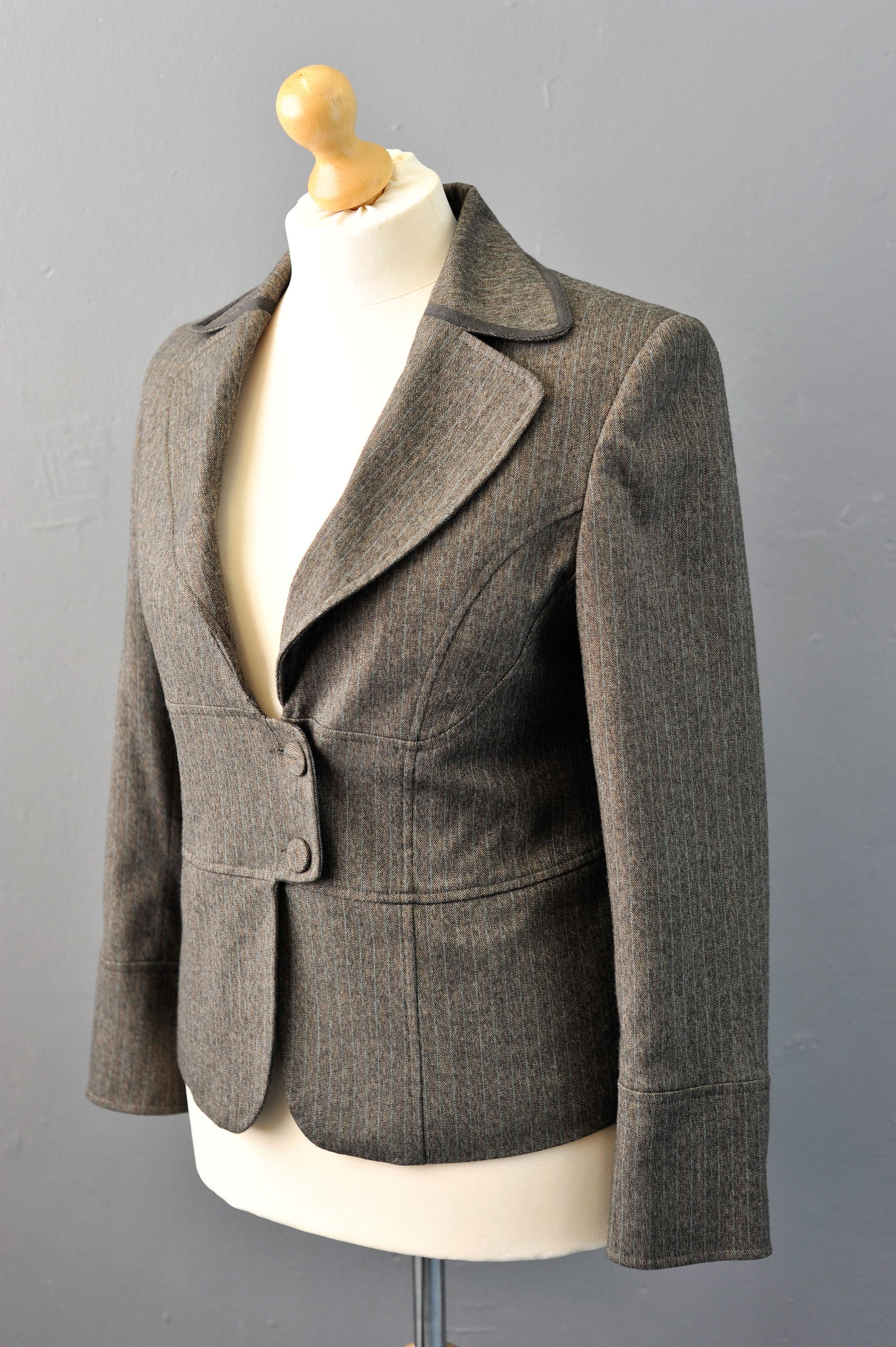 90s Tailored Herringbone Jacket, Avant Garde Steampunk Blazer, Size Medium