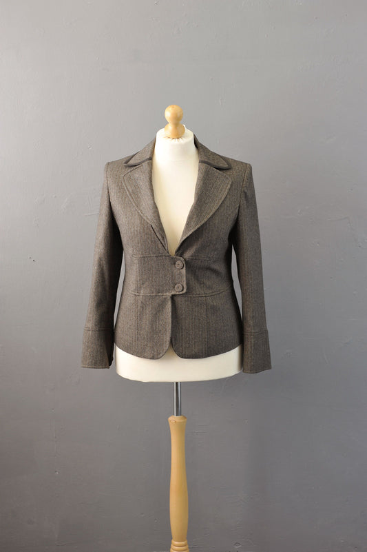 90s Tailored Herringbone Jacket, Avant Garde Steampunk Blazer, Size Medium