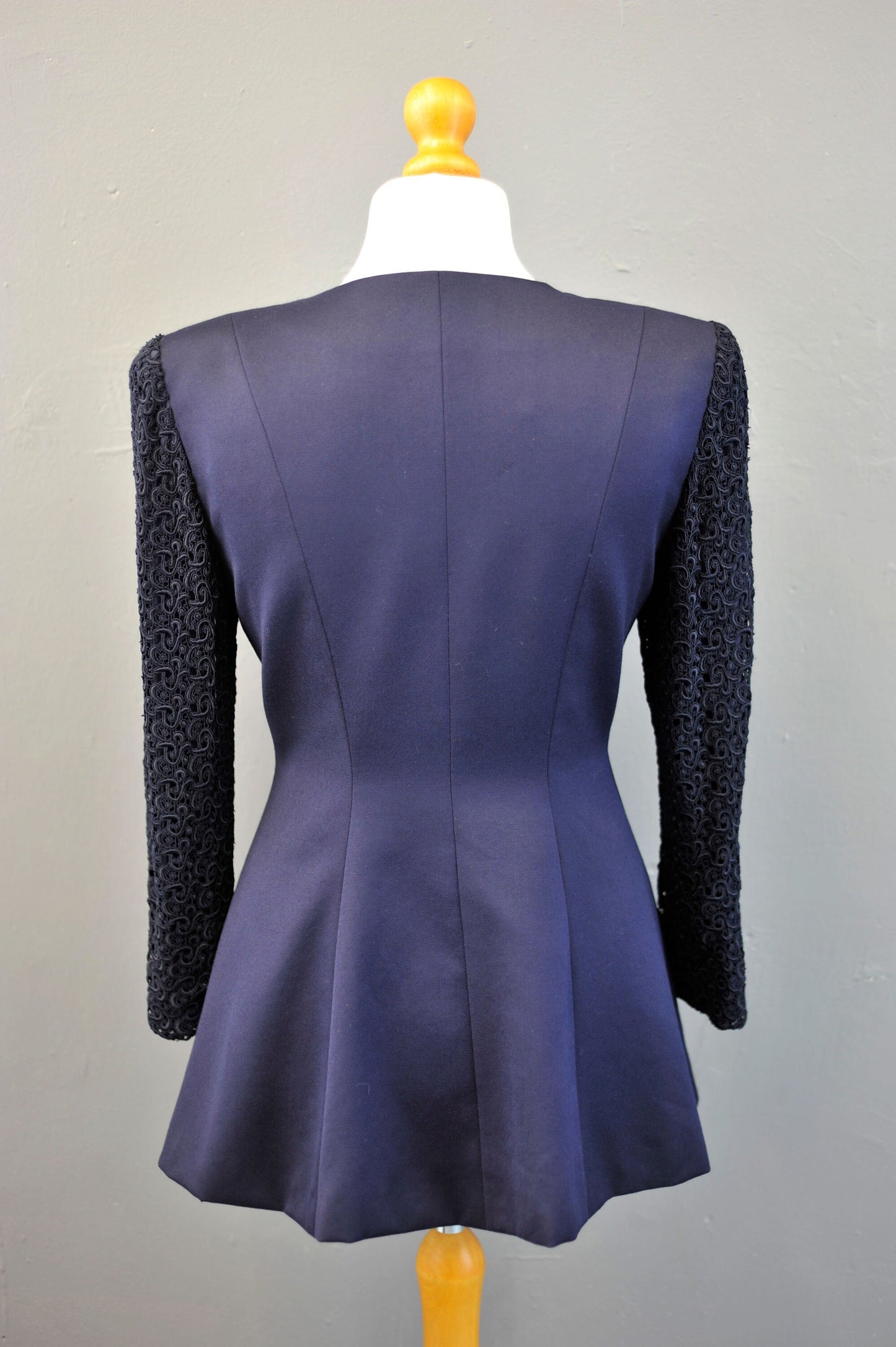 90s Tailored Navy Wool Jacket with Guipure Lace Sleeves, Long Collarless Blazer, Size Medium