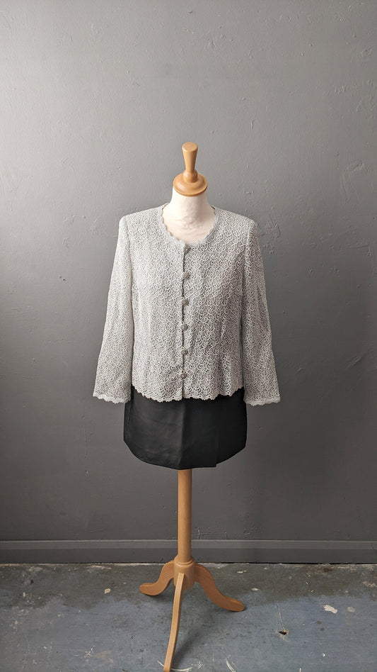 90s Metallic Silver Venise Lace Jacket, Formal Event Blazer, Size Medium