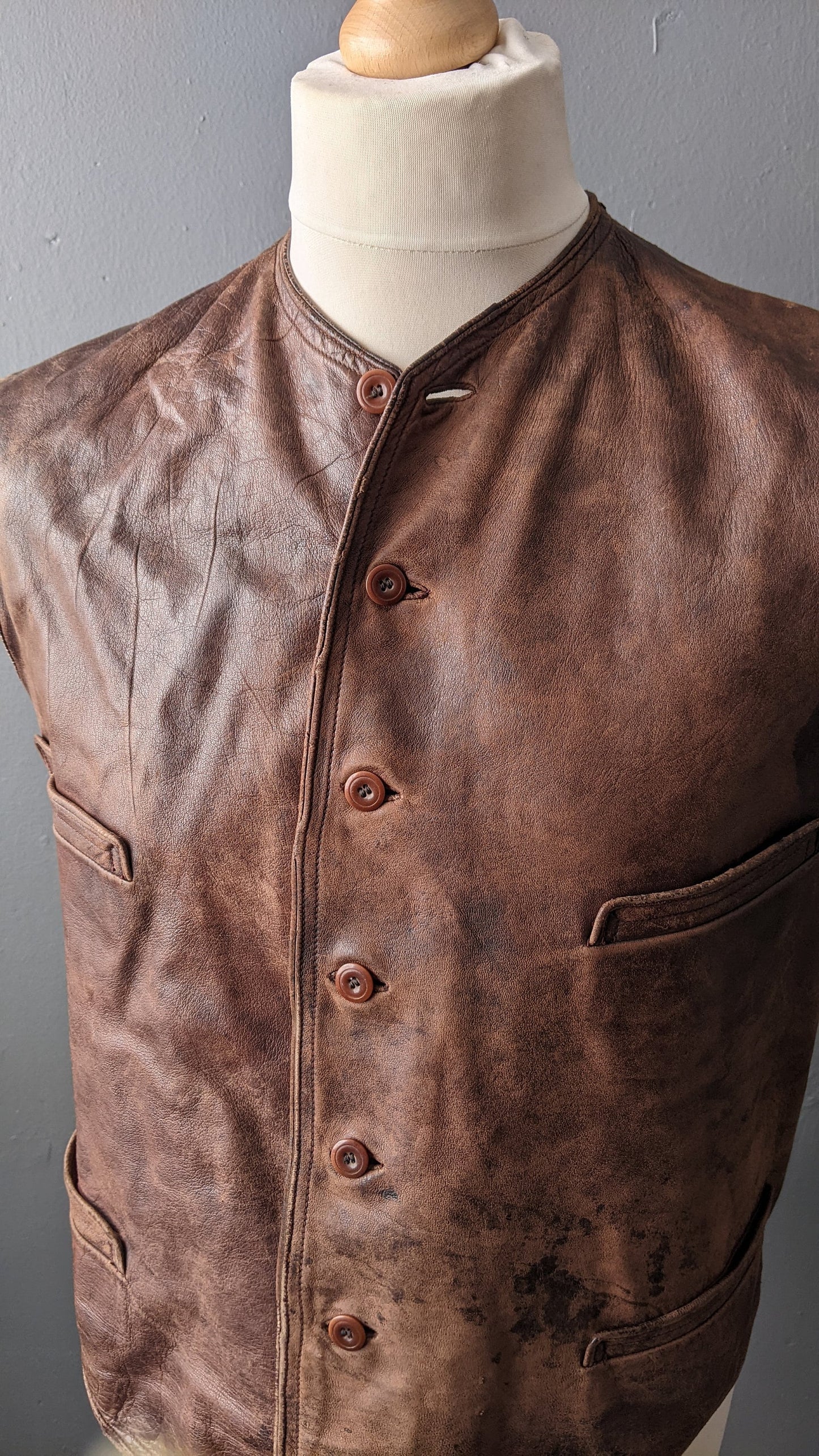 1940s Mens Leather Waistcoat, Vintage WWII Workwear, 40 Chest Size Medium