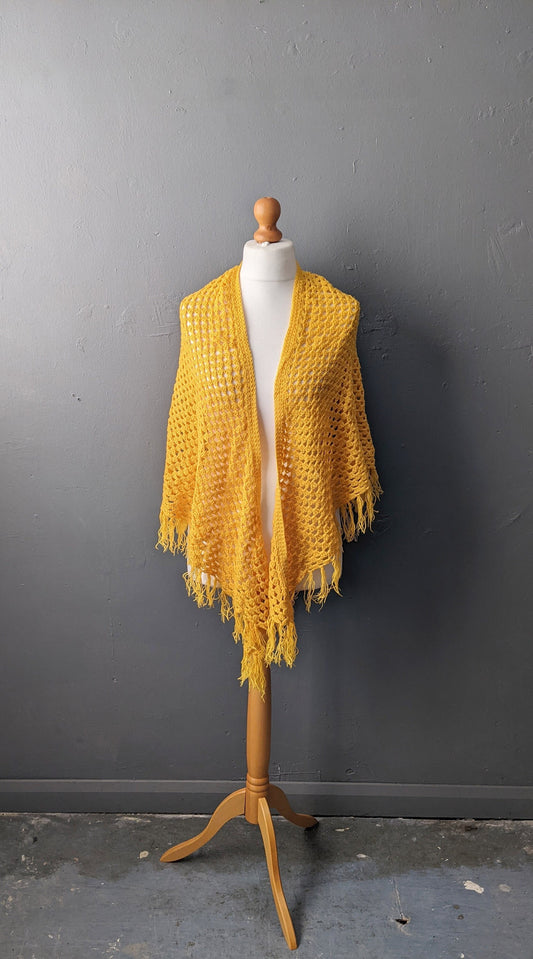 70s Golden Yellow Crochet Shawl, Large Spring Colour Triangle Wrap