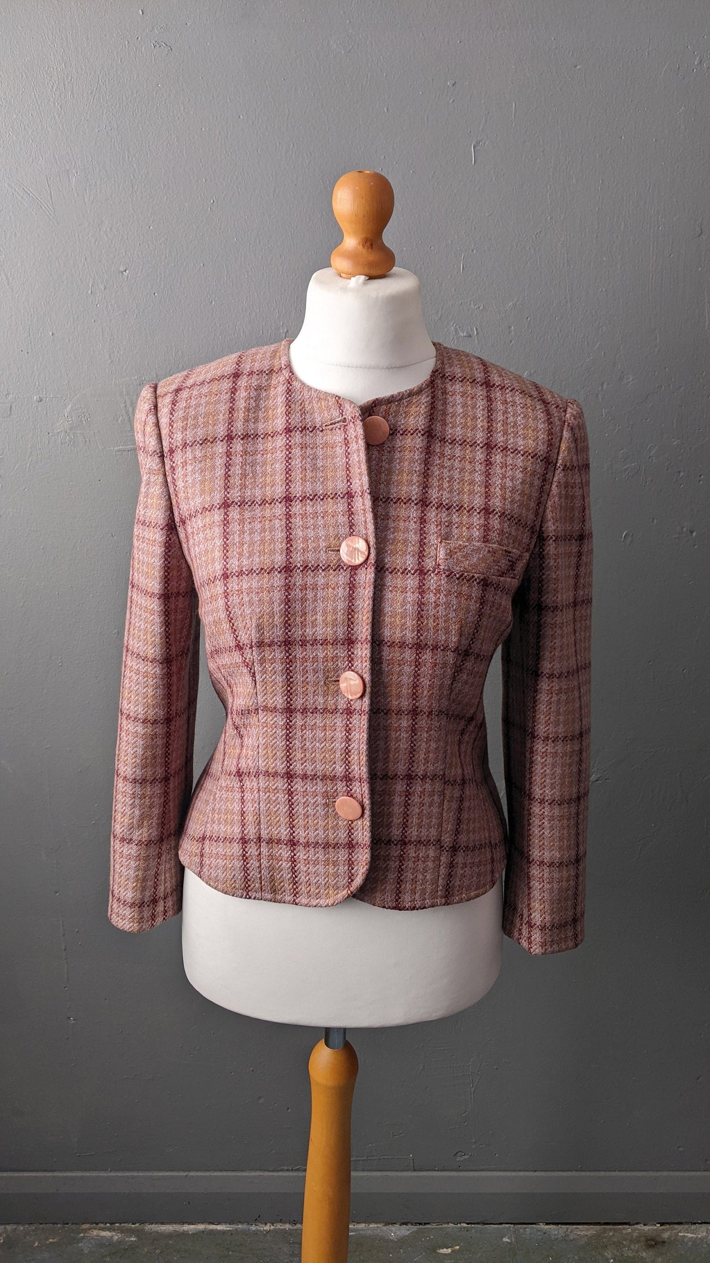 90s Check Wool Tweed Jacket, Fitted Dress Blazer, Size Small Medium