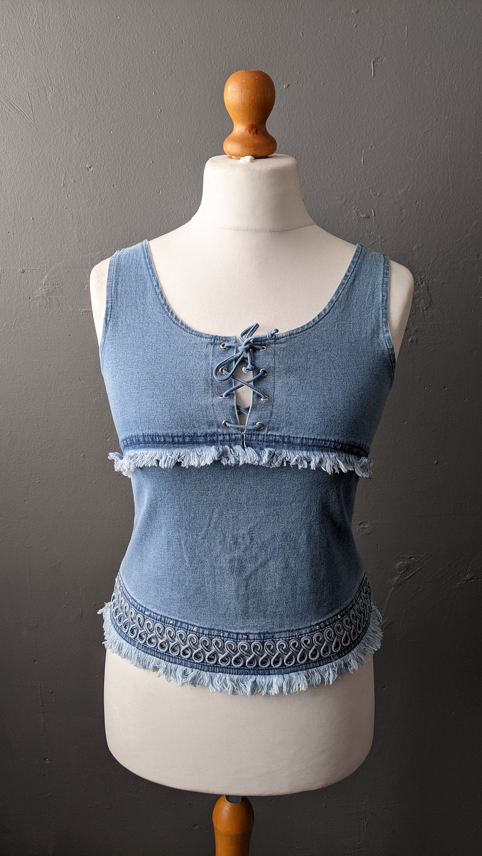 Vintage 90s Denim Vest Top with Bohemian Piping, Size Small