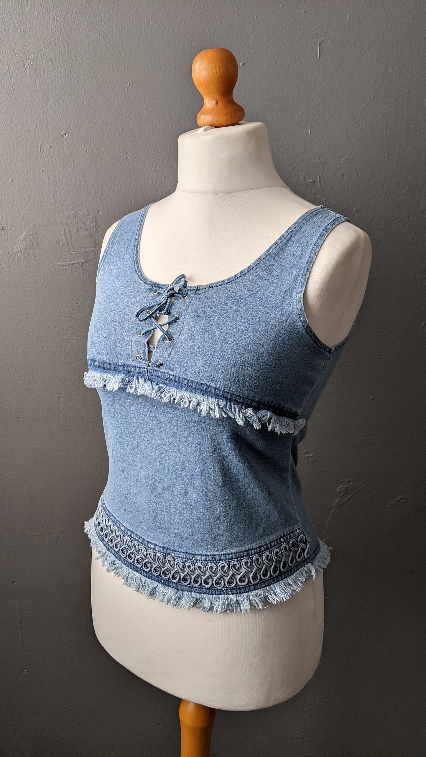 Vintage 90s Denim Vest Top with Bohemian Piping, Size Small