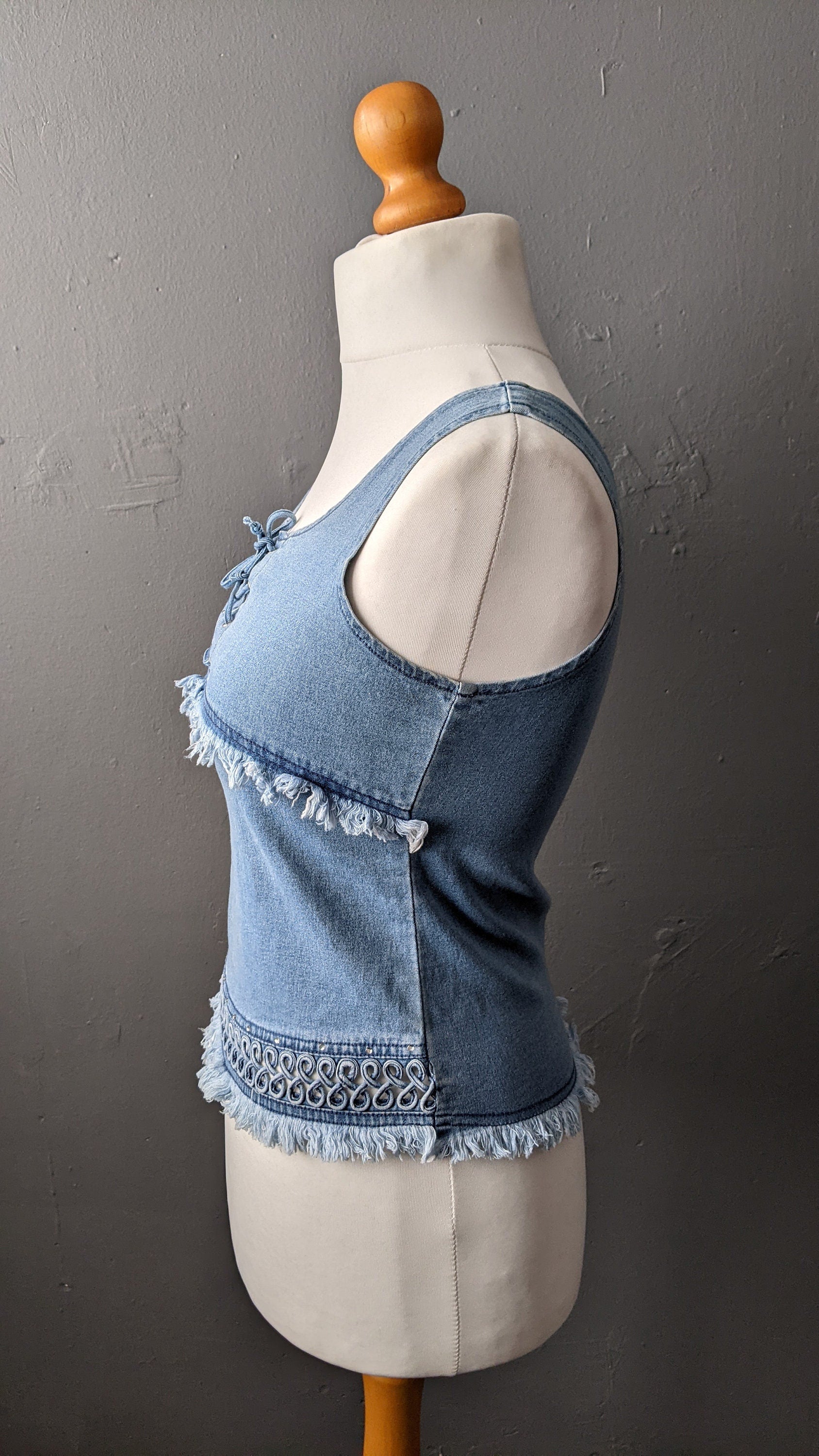 Vintage 90s Denim Vest Top with Bohemian Piping, Size Small