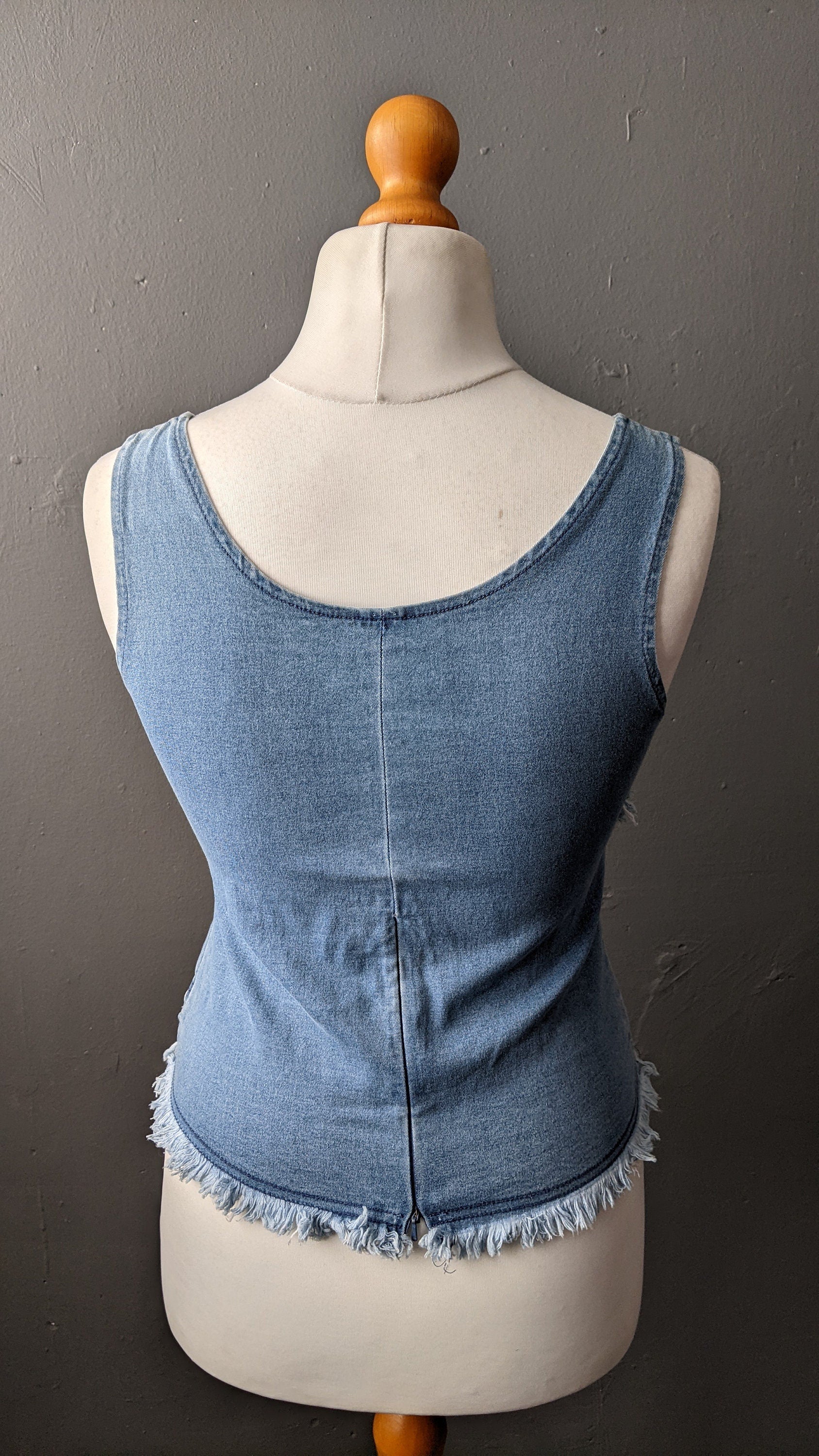 Vintage 90s Denim Vest Top with Bohemian Piping, Size Small