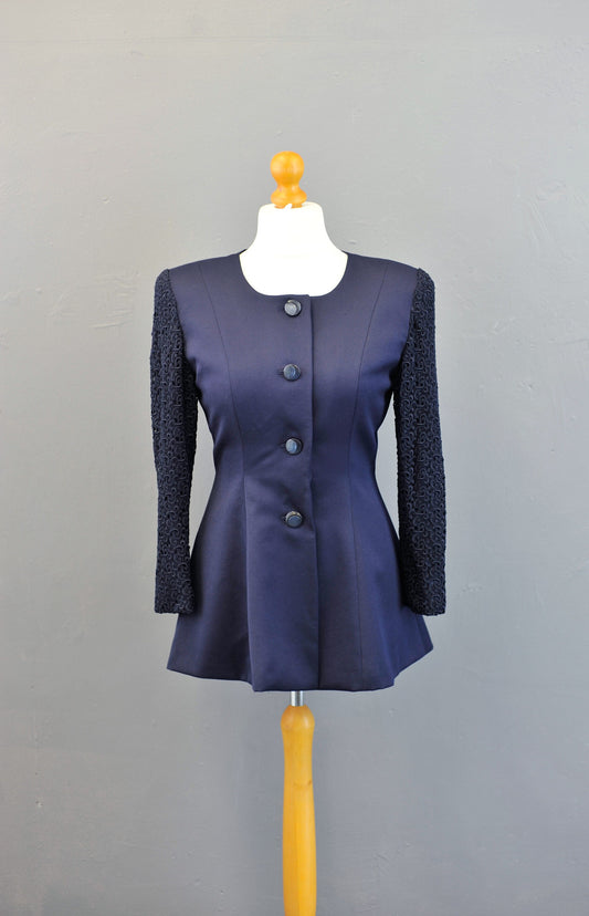 90s Tailored Navy Wool Jacket with Guipure Lace Sleeves, Long Collarless Blazer, Size Medium