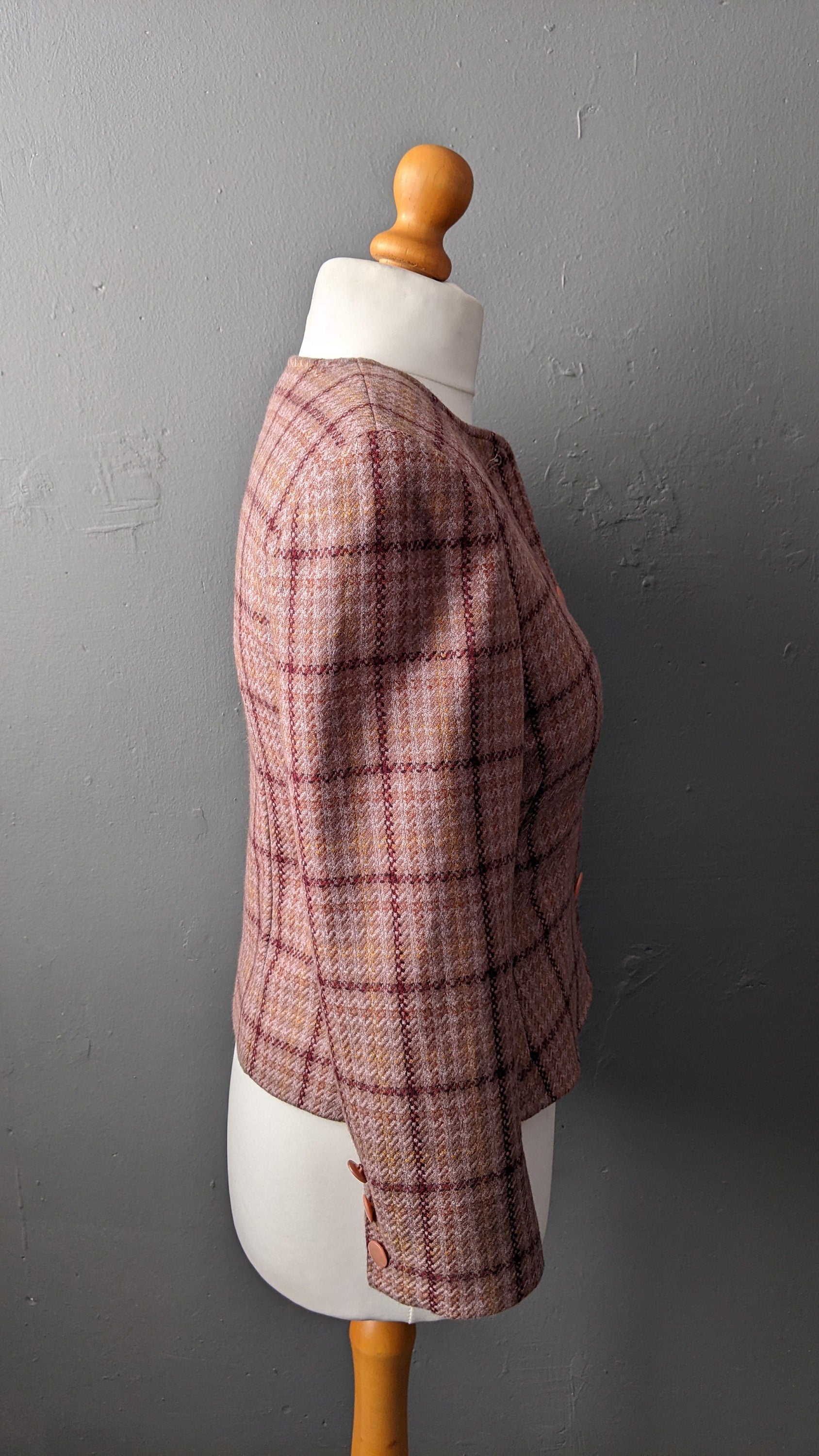90s Check Wool Tweed Jacket, Fitted Dress Blazer, Size Small Medium