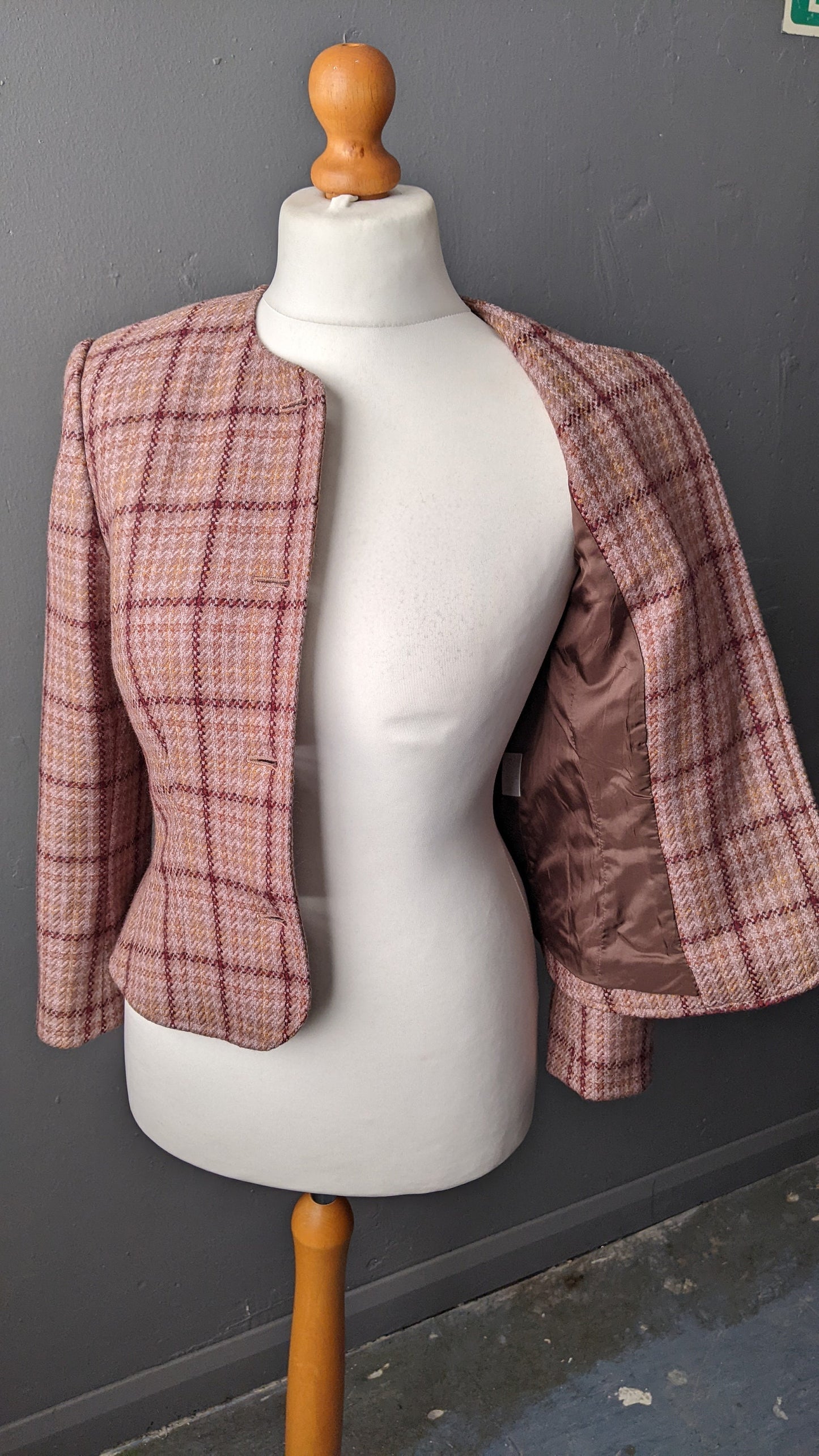 90s Check Wool Tweed Jacket, Fitted Dress Blazer, Size Small Medium