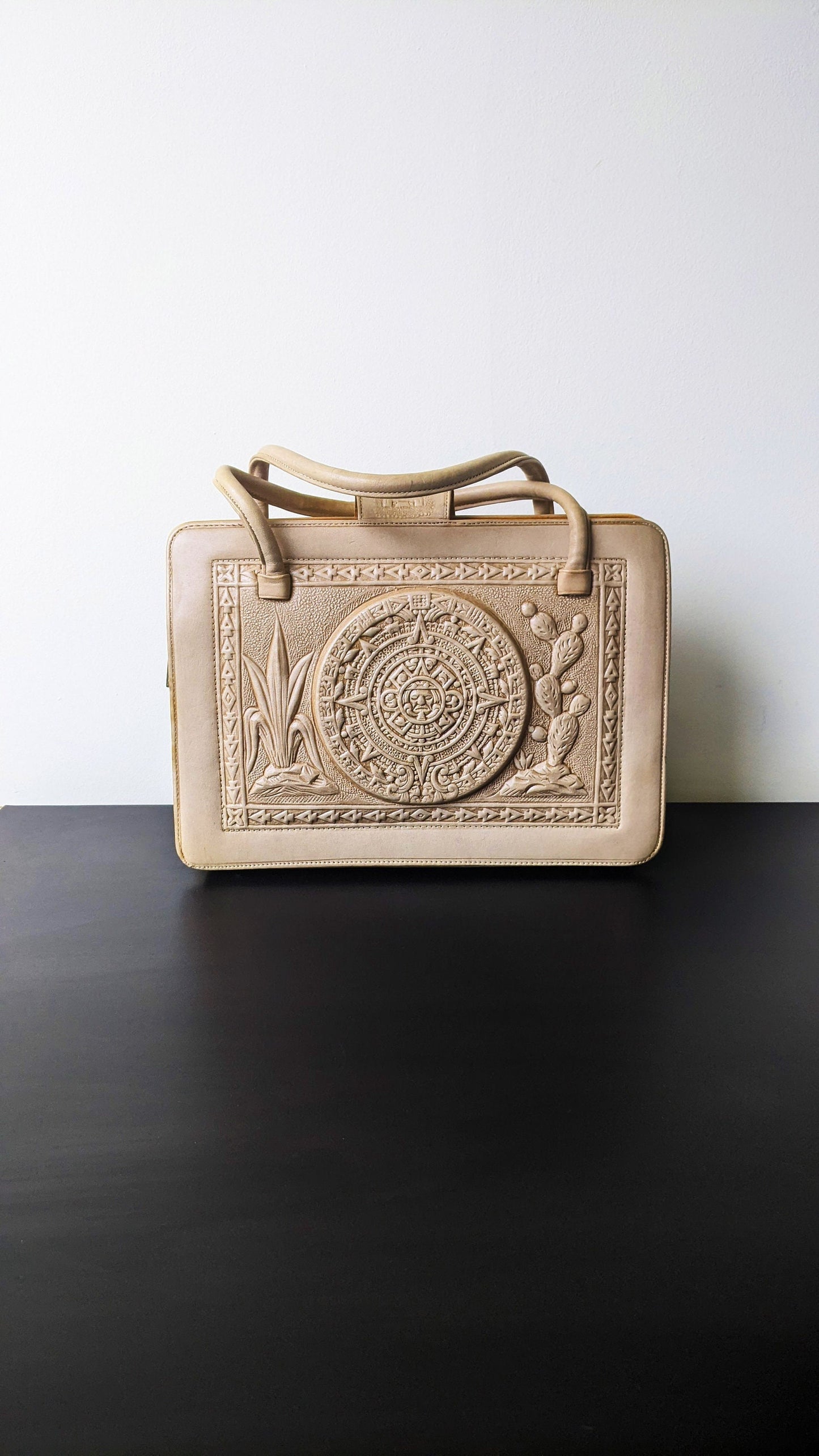 60s Tooled Leather Satchel with Mayan Calendar, Mexican Tourist Souvenir Bag