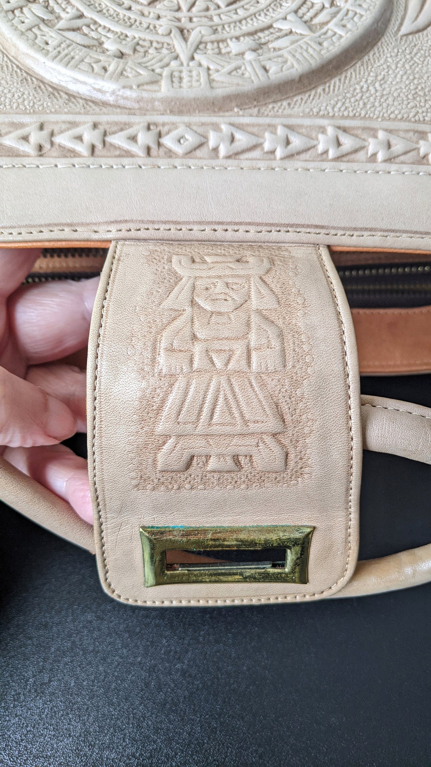 60s Tooled Leather Satchel with Mayan Calendar, Mexican Tourist Souvenir Bag