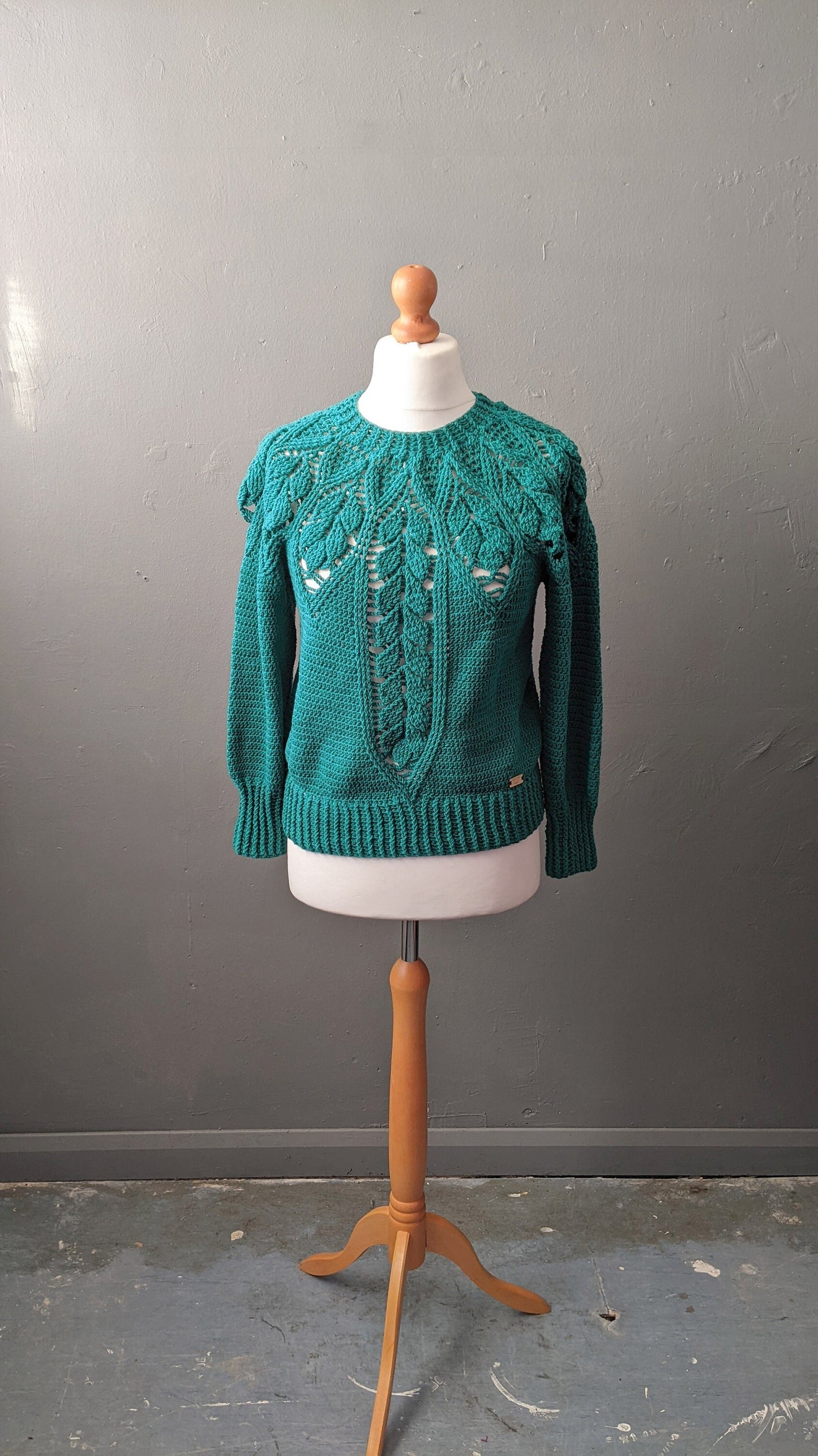 90s Sea Green Crochet Jumper, Size Medium