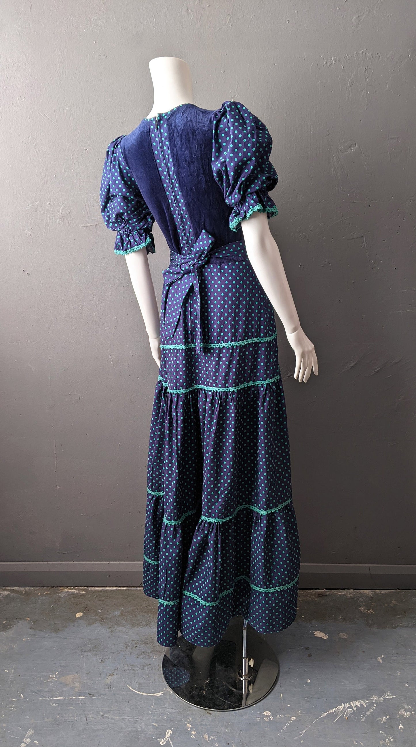 70s Polka Dot Maxi Dress by C&A, Victoriana Prairie Style with Puff Sleeves, Size Small