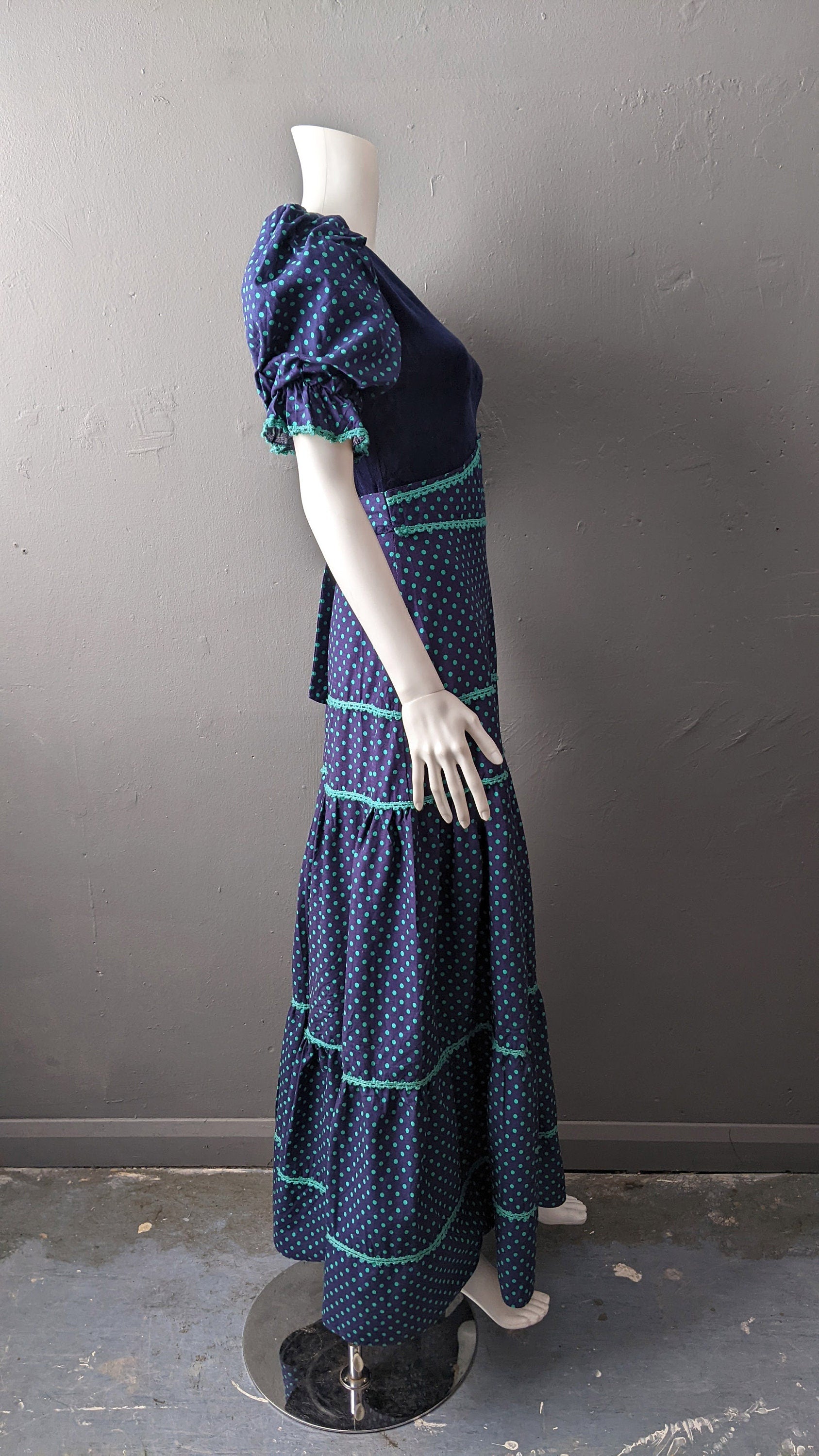 70s Polka Dot Maxi Dress by C&A, Victoriana Prairie Style with Puff Sleeves, Size Small