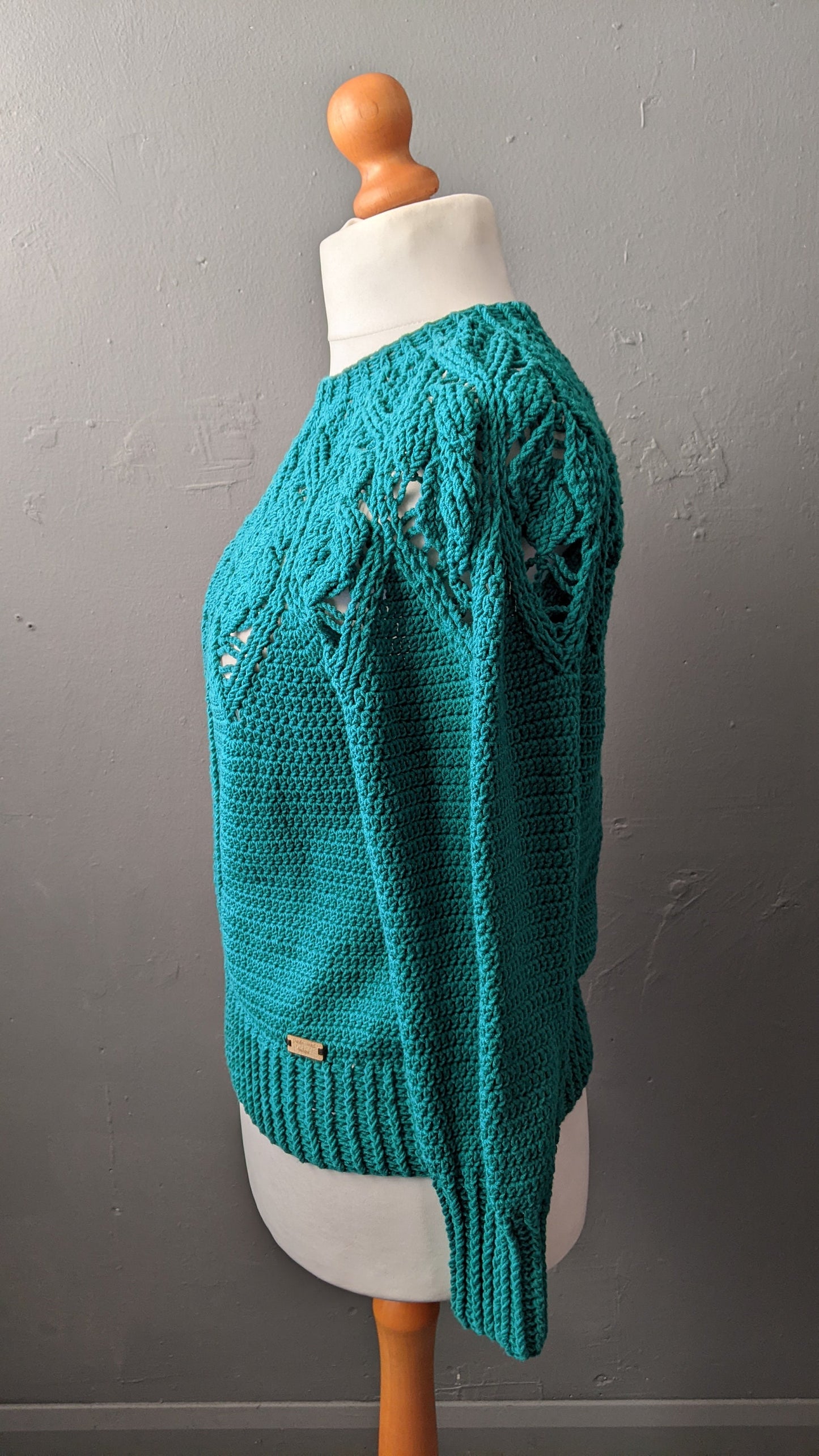 90s Sea Green Crochet Jumper, Size Medium