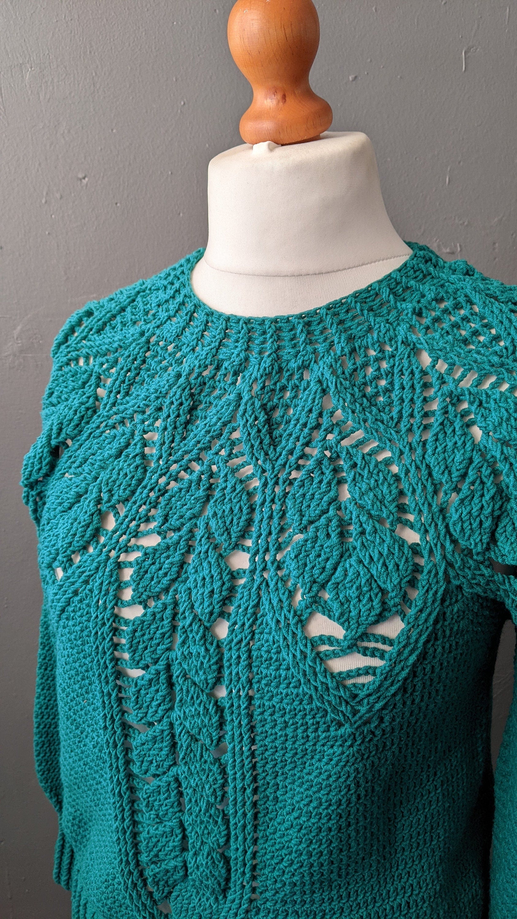 90s Sea Green Crochet Jumper, Size Medium