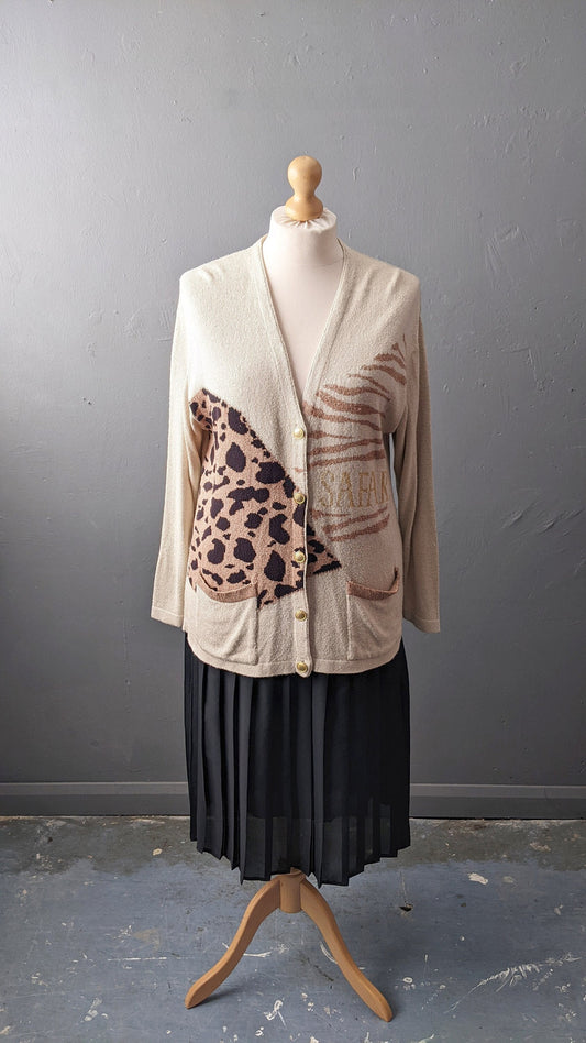 90s Silk Cardigan, Lightweight Summer Knit, Leopard Print Safari, Plus Size XXL