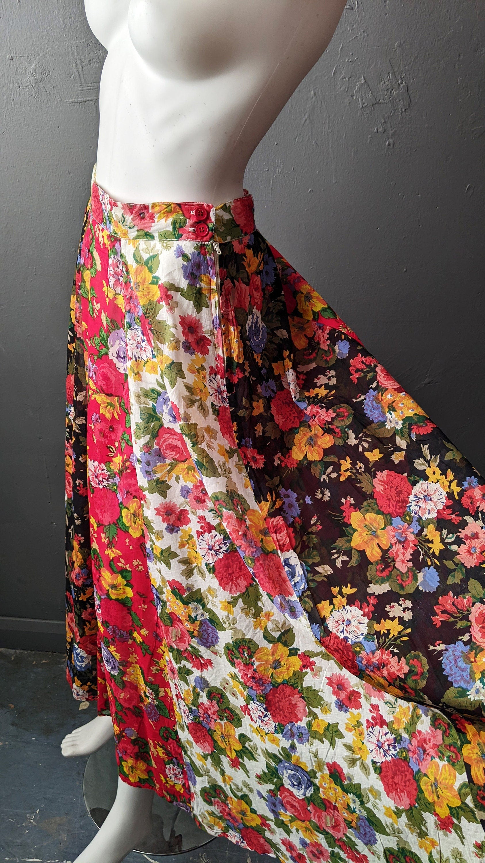 90s Multicoloured Floral Maxi Skirt, Floaty Semi Sheer Summer, Size Small