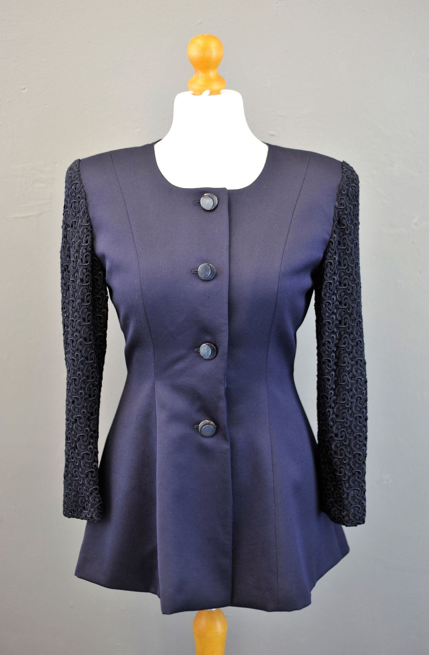 90s Tailored Navy Wool Jacket with Guipure Lace Sleeves, Long Collarless Blazer, Size Medium