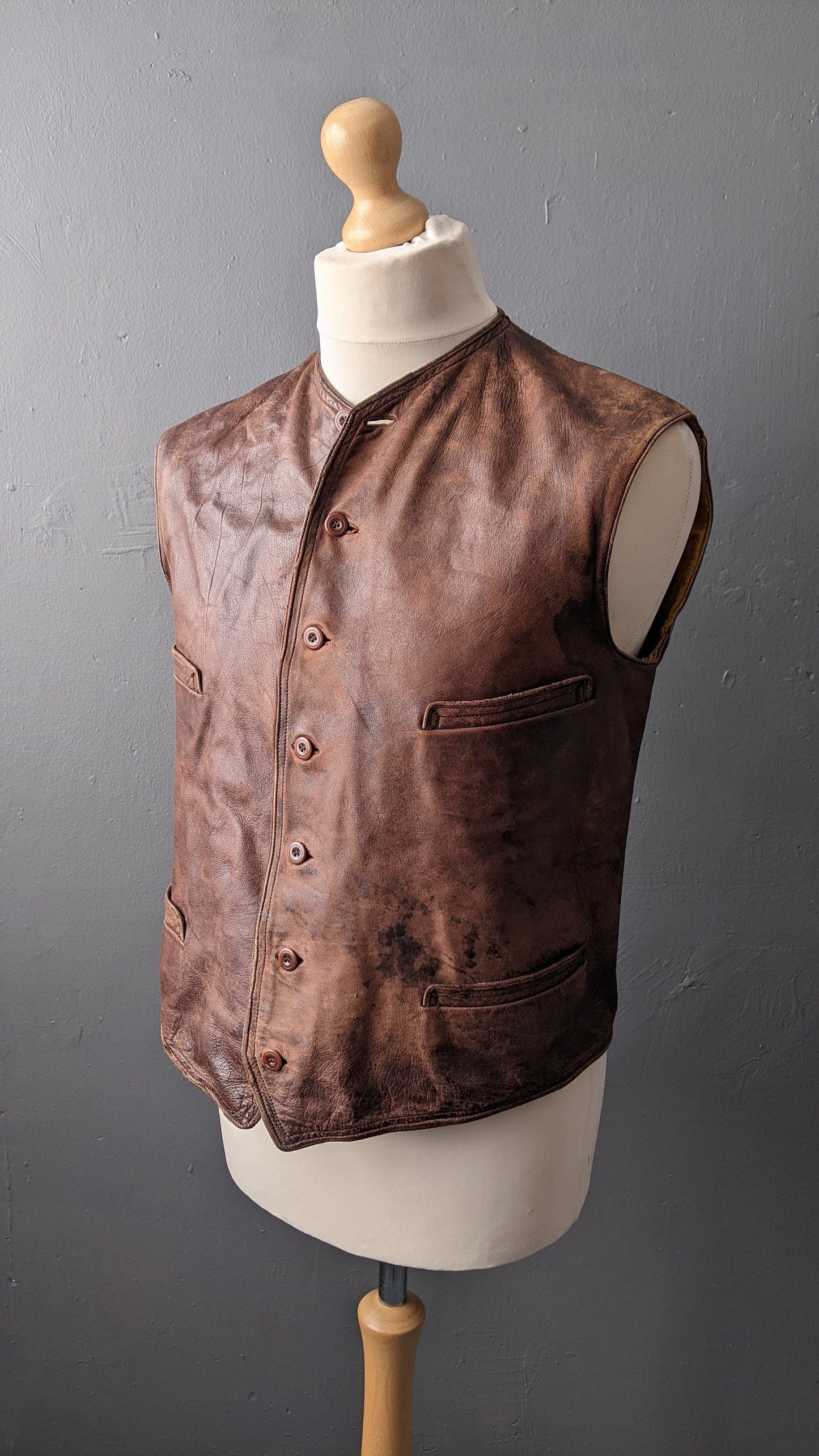 1940s Mens Leather Waistcoat, Vintage WWII Workwear, 40 Chest Size Medium