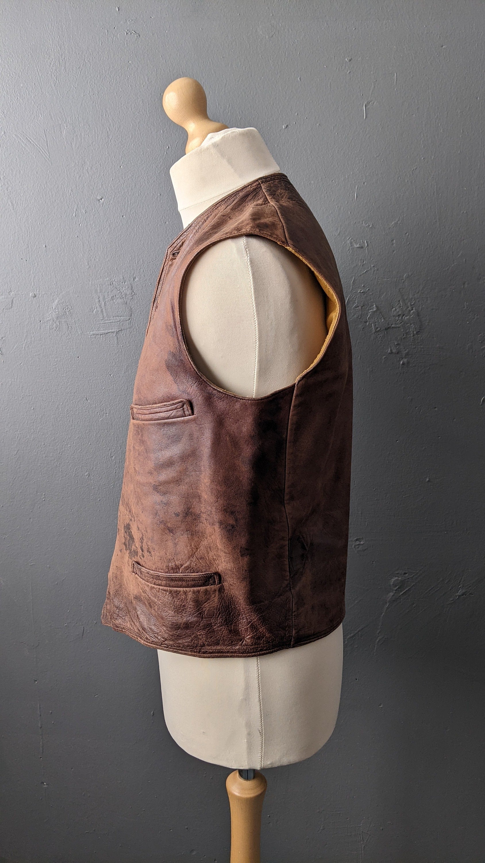 1940s Mens Leather Waistcoat, Vintage WWII Workwear, 40 Chest Size Medium