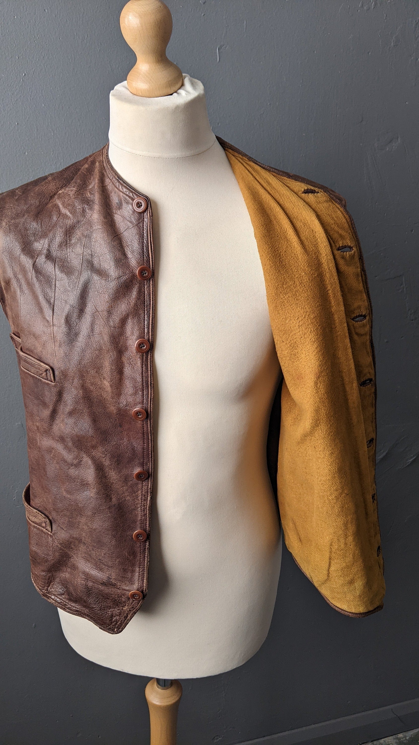 1940s Mens Leather Waistcoat, Vintage WWII Workwear, 40 Chest Size Medium