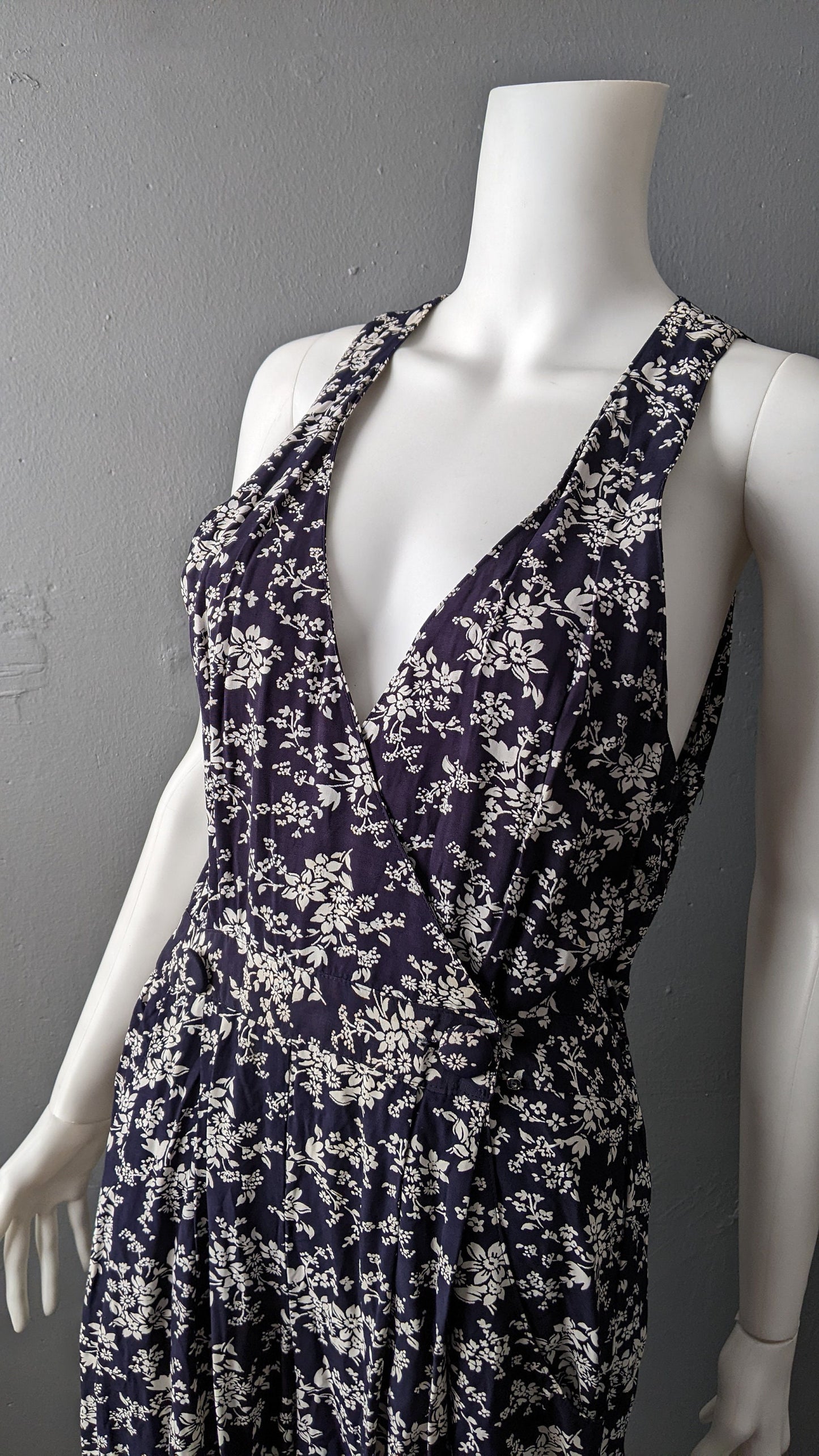 90s Dark Floral Summer Playsuit, Wrap Front Romper, Size Medium