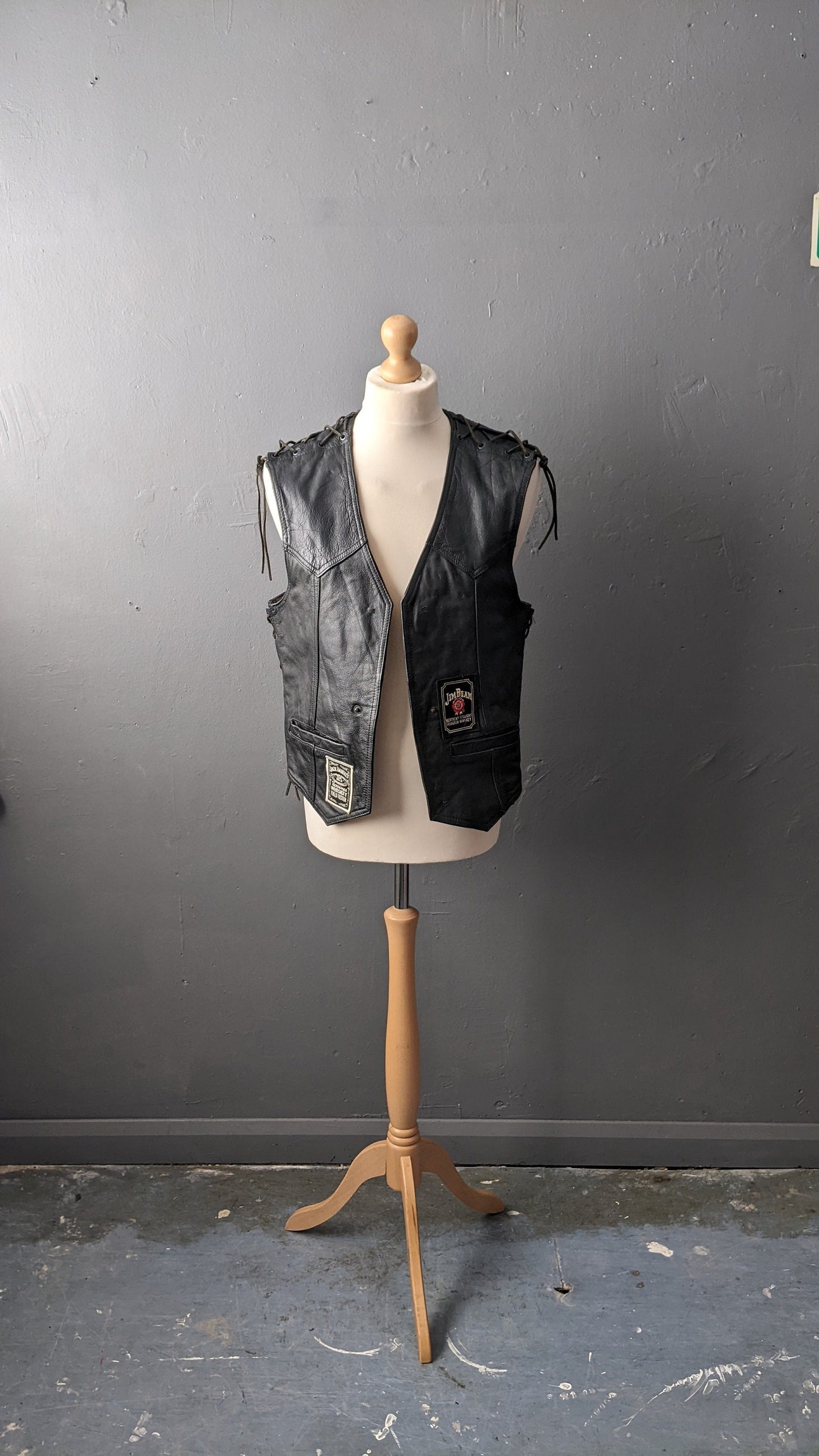 80s Mens Biker Leather Waistcoat, John F Gee Motorcycle Laced Vest, 40 Chest Size Medium