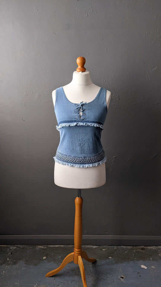 Vintage 90s Denim Vest Top with Bohemian Piping, Size Small