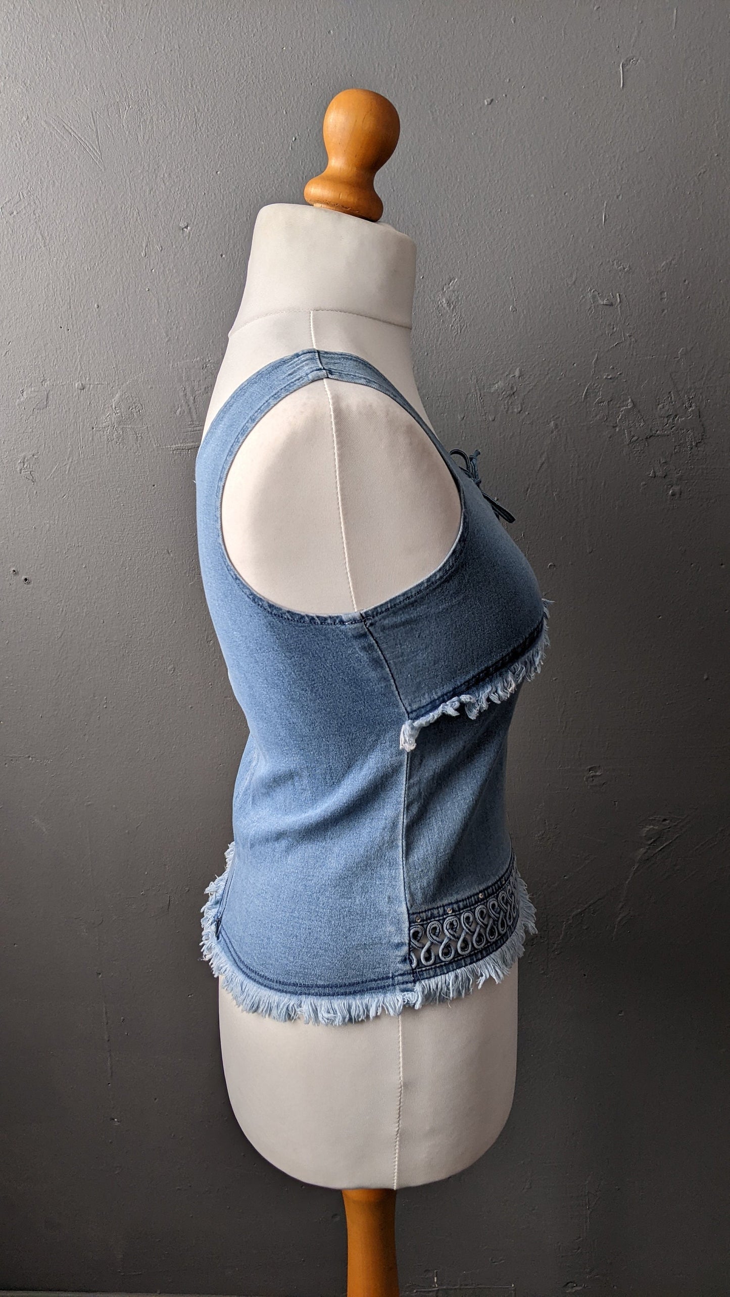 Vintage 90s Denim Vest Top with Bohemian Piping, Size Small