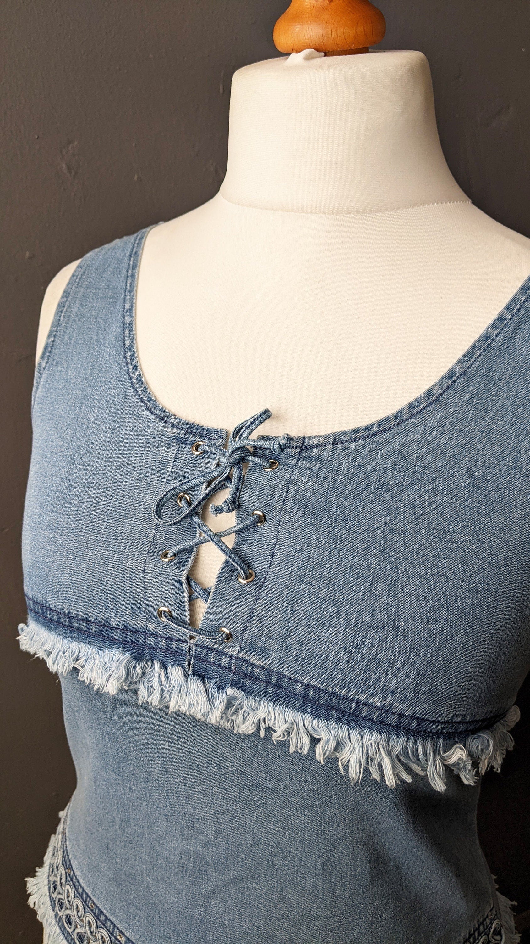 Vintage 90s Denim Vest Top with Bohemian Piping, Size Small