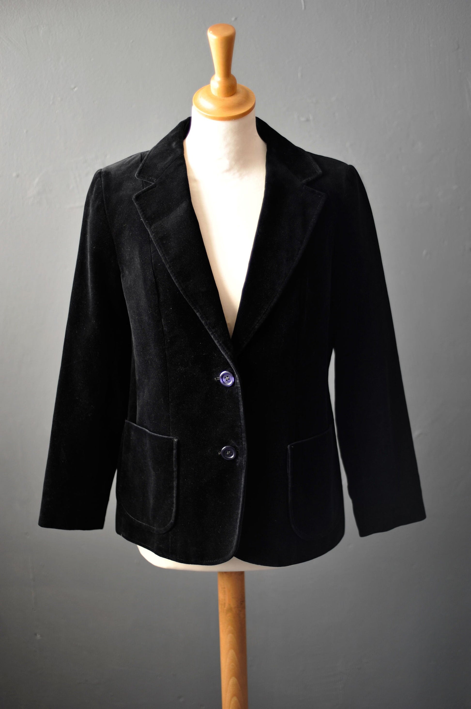 Black Velvet Jacket, Vintage 80s Fitted Boho Blazer, Size Small