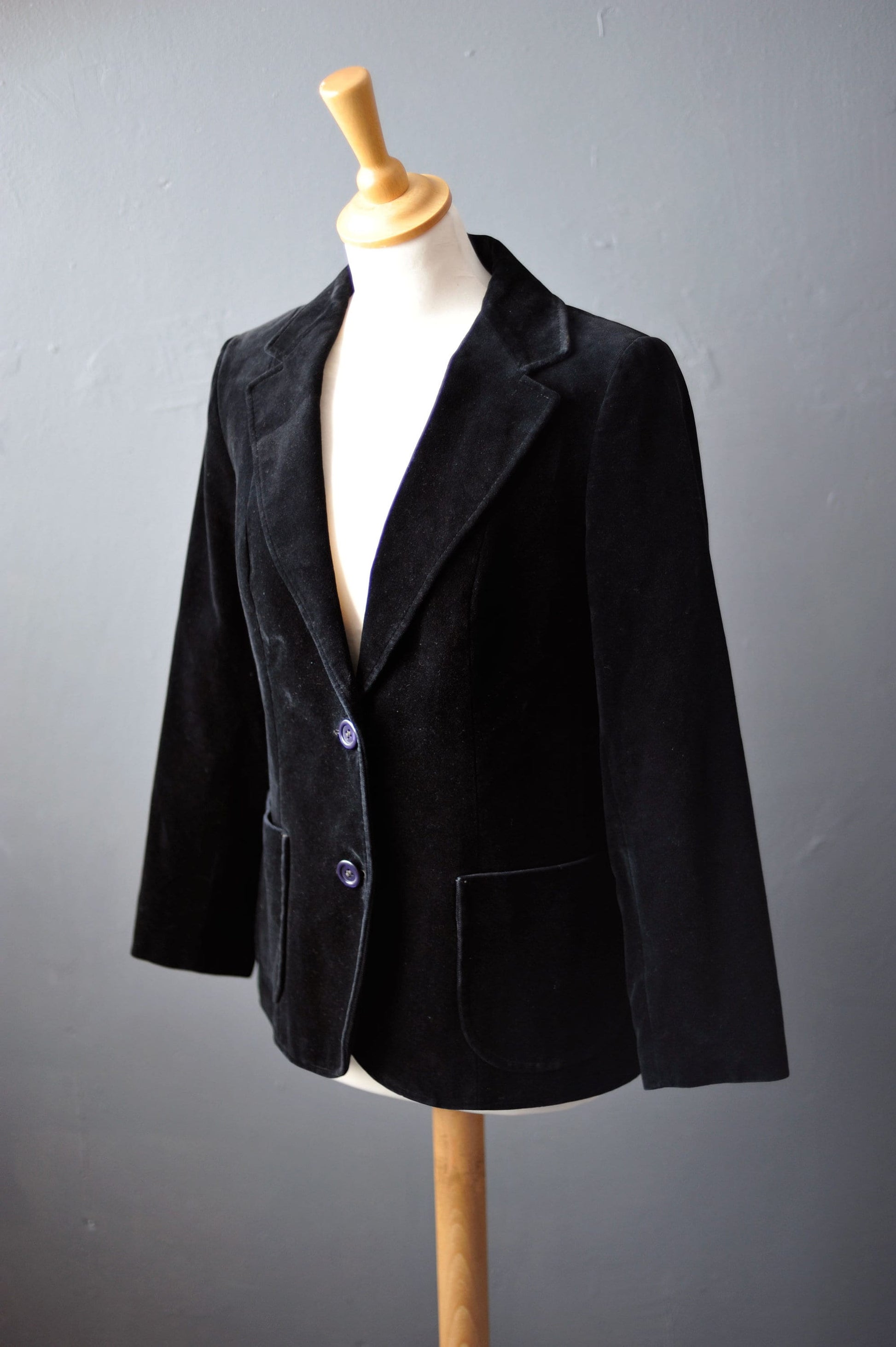 Black Velvet Jacket, Vintage 80s Fitted Boho Blazer, Size Small