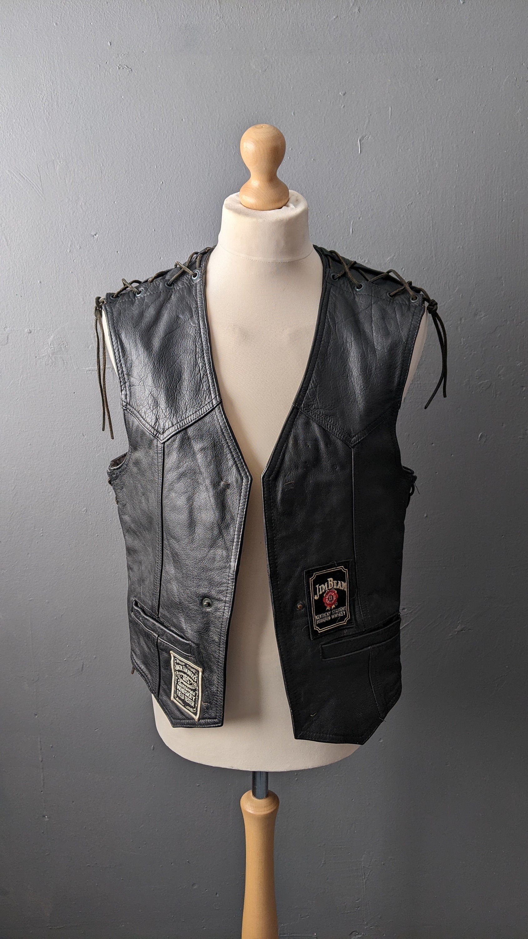 80s Mens Biker Leather Waistcoat, John F Gee Motorcycle Laced Vest, 40  Chest Size Medium