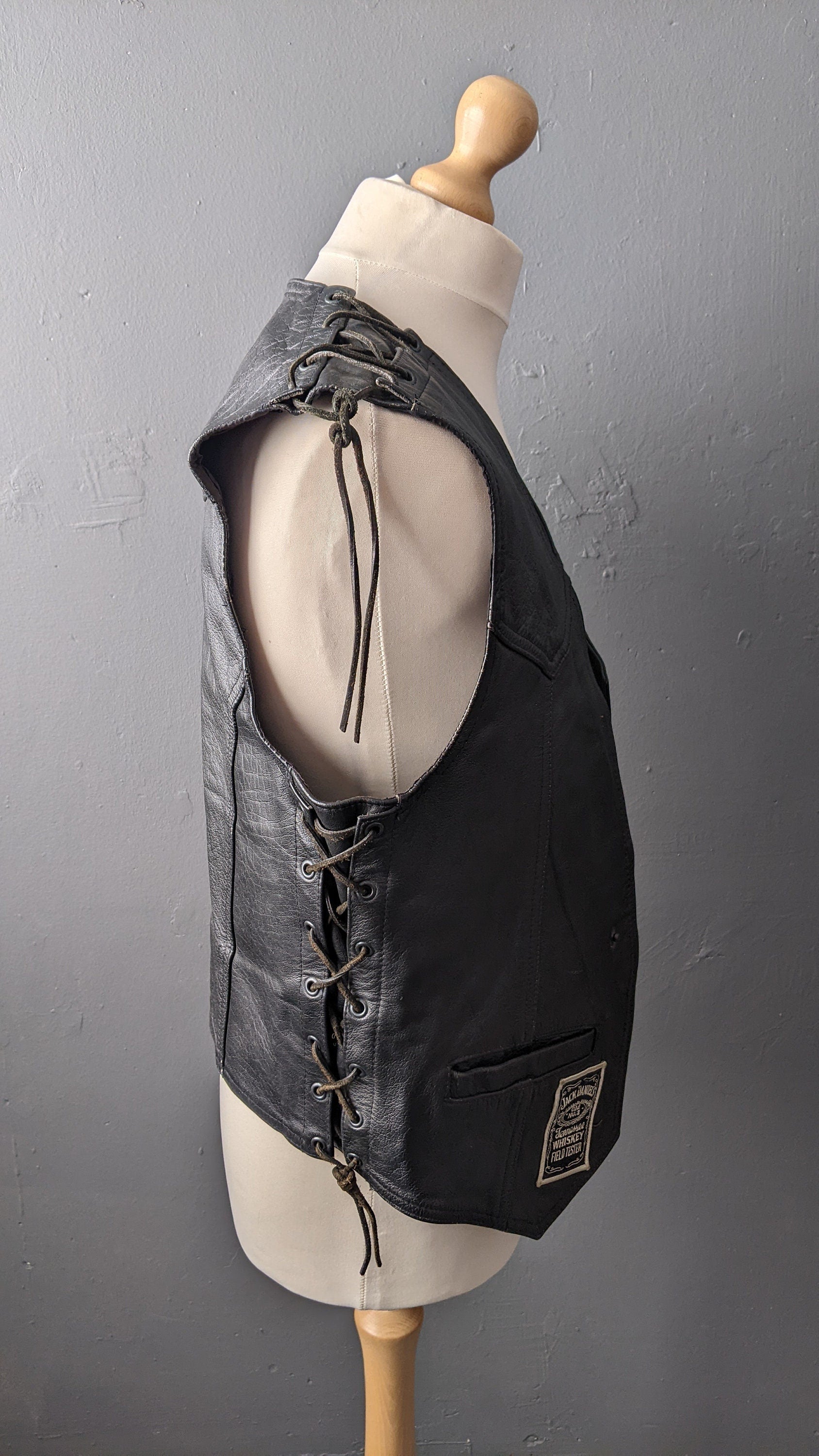80s Mens Biker Leather Waistcoat, John F Gee Motorcycle Laced Vest, 40 Chest Size Medium