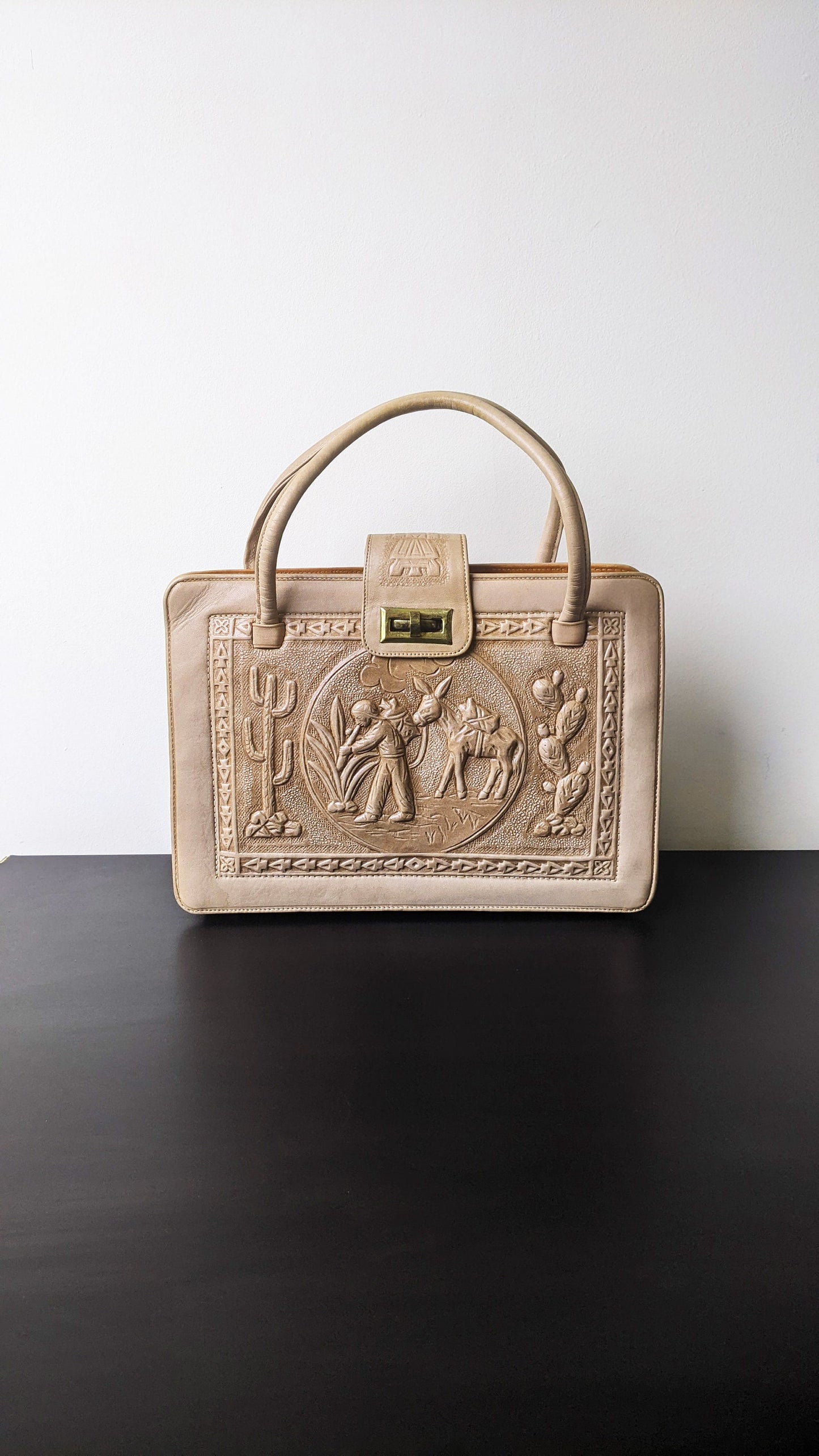 60s Tooled Leather Satchel with Mayan Calendar, Mexican Tourist Souvenir Bag