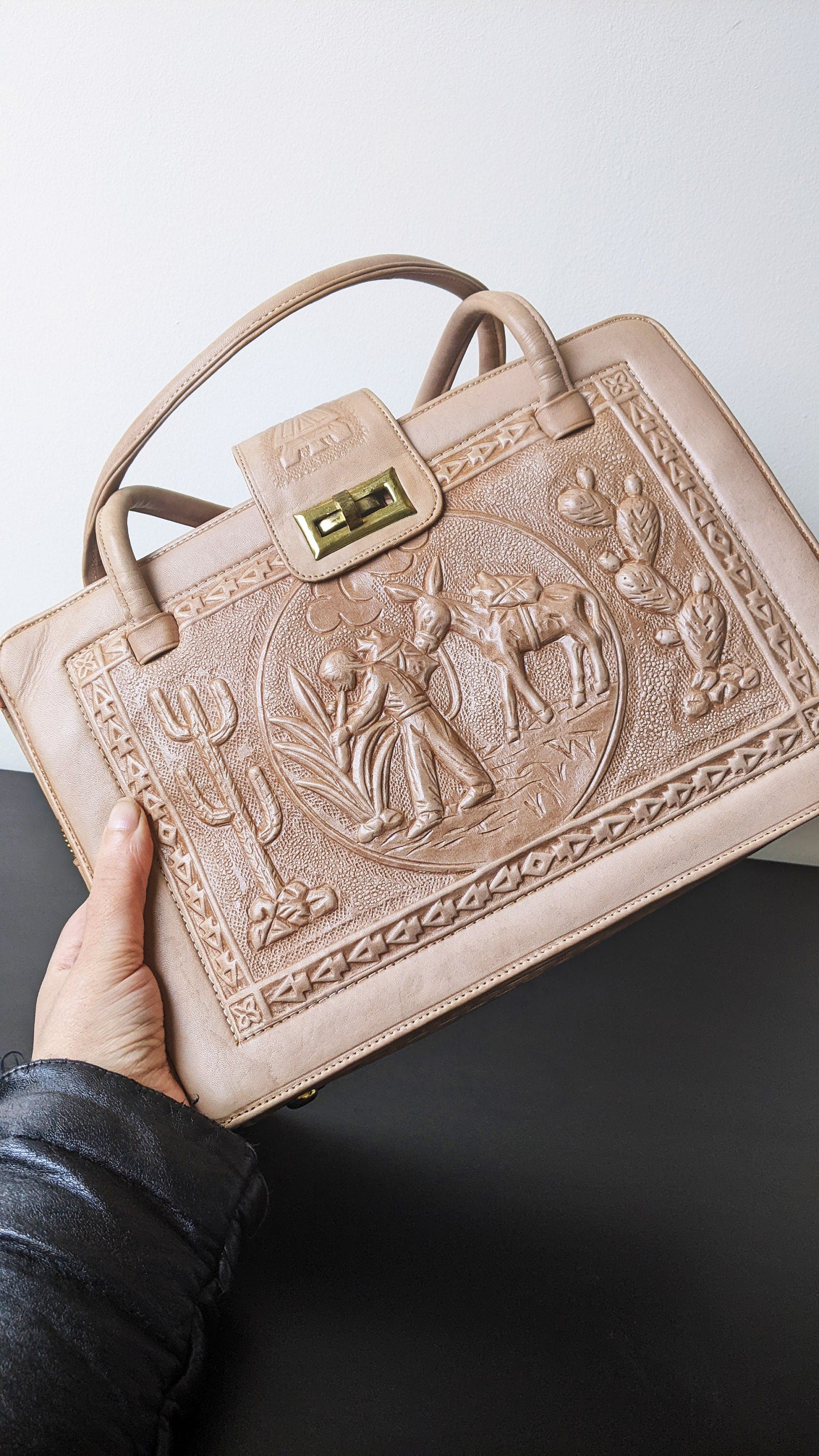 60s Tooled Leather Satchel with Mayan Calendar, Mexican Tourist Souvenir Bag