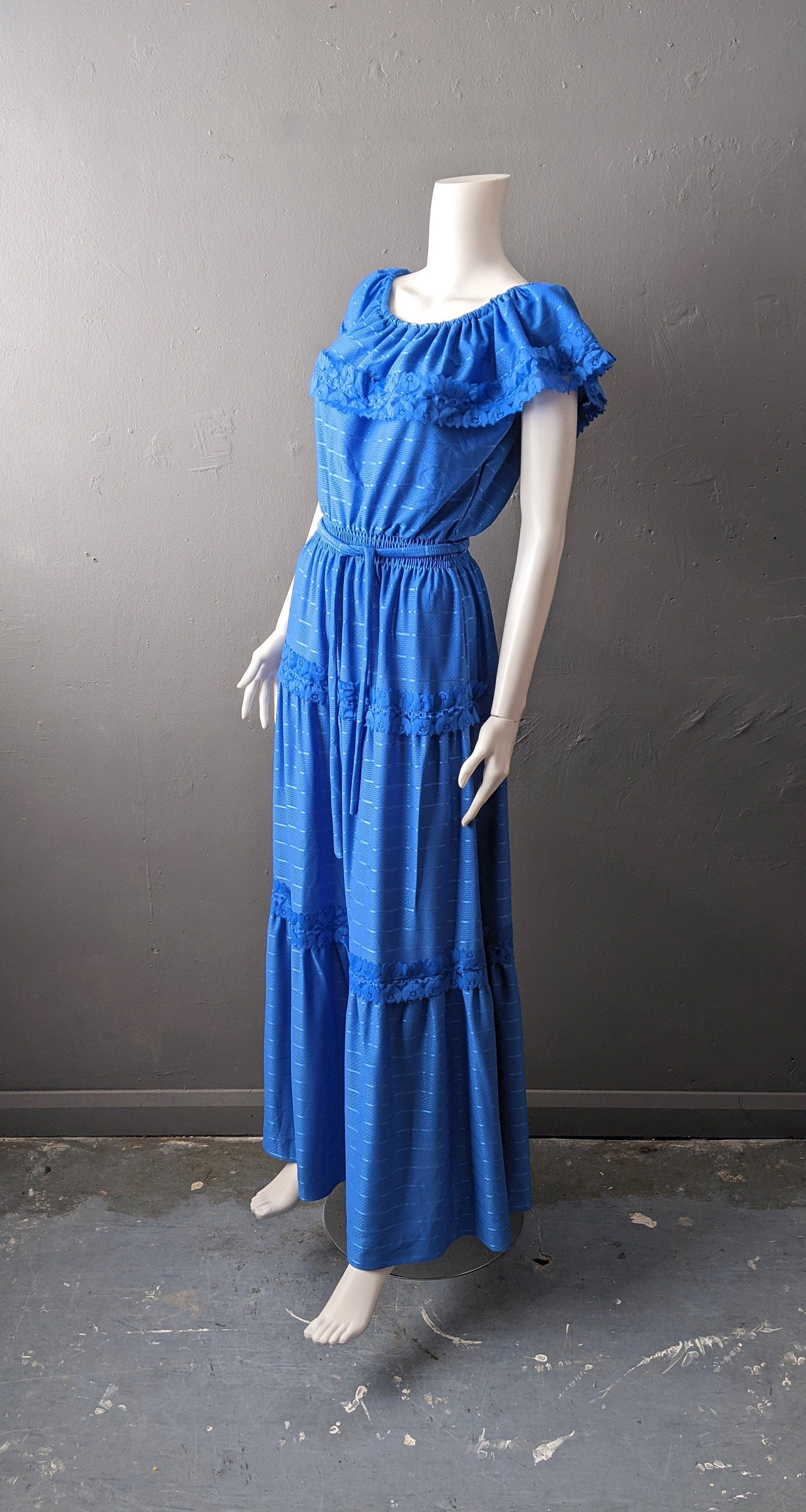 80s Cobalt Blue Maxi Dress by C&A, Tiered Prairie Boho, Size Medium