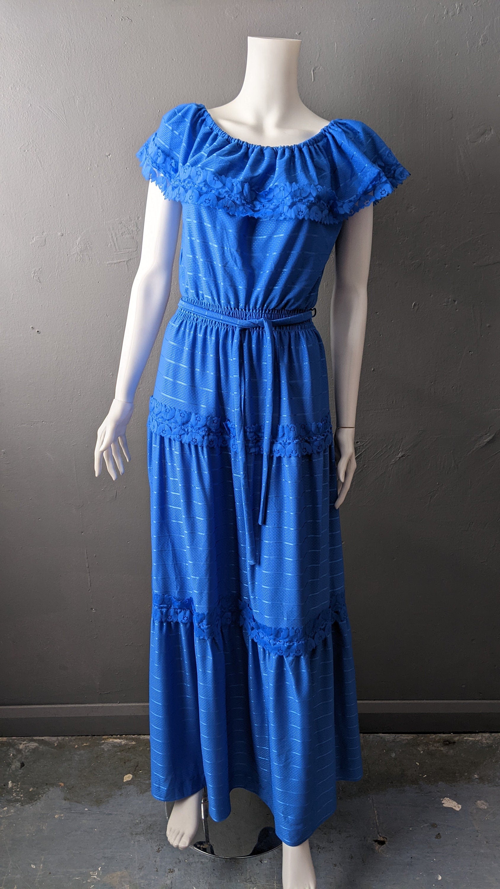 80s Cobalt Blue Maxi Dress by C&A, Tiered Prairie Boho, Size Medium