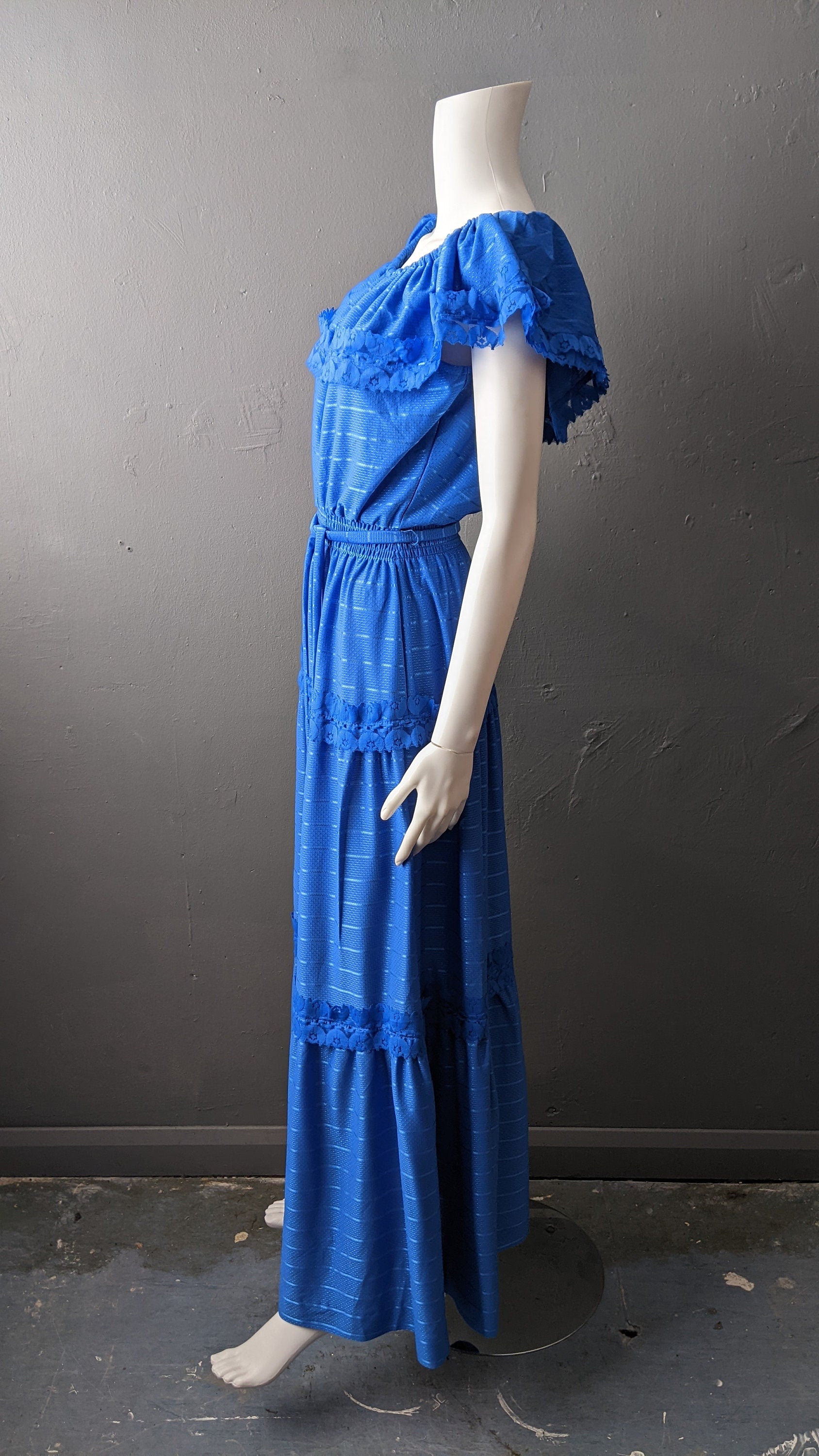 80s Cobalt Blue Maxi Dress by C&A, Tiered Prairie Boho, Size Medium