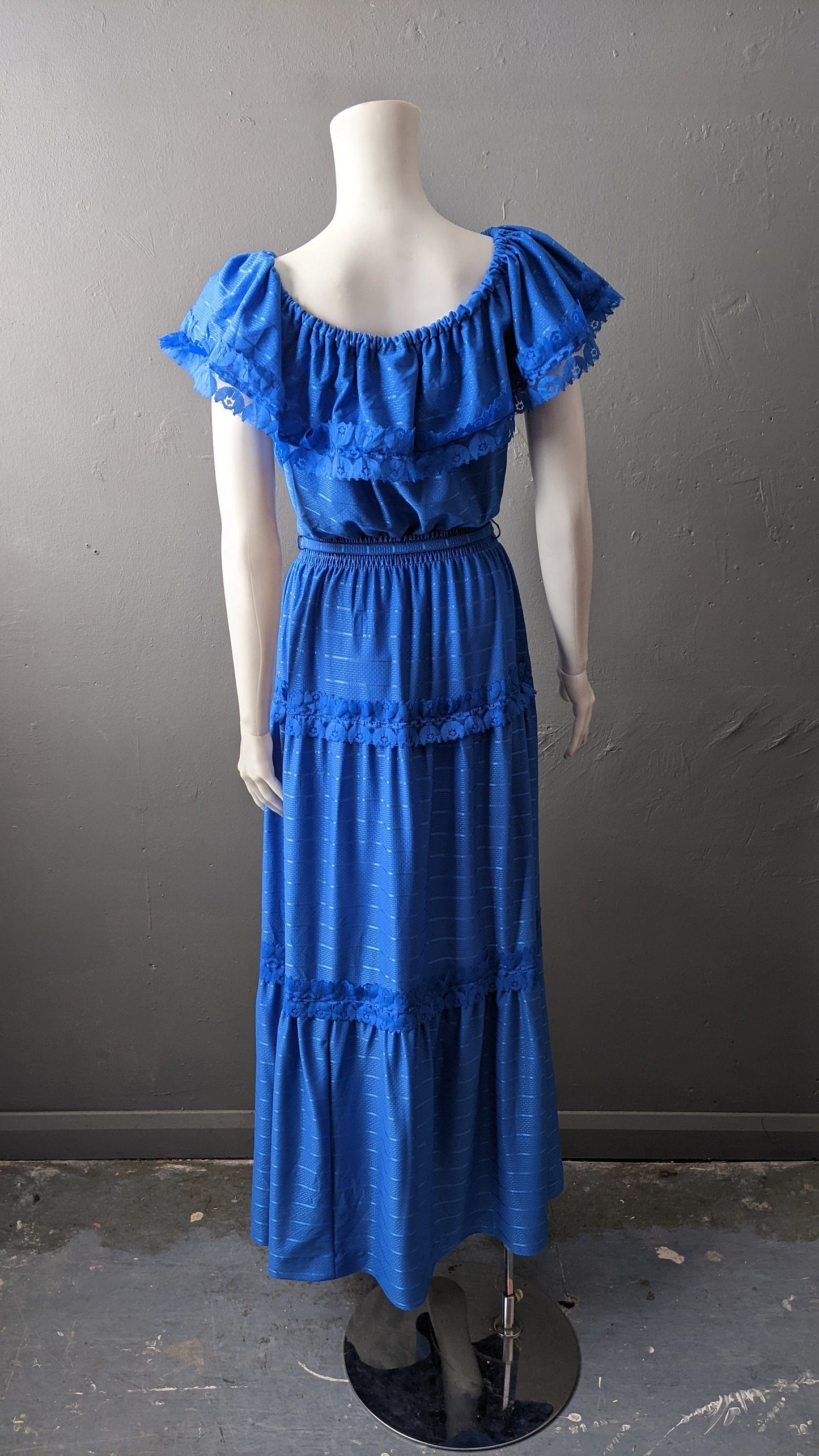 80s Cobalt Blue Maxi Dress by C&A, Tiered Prairie Boho, Size Medium